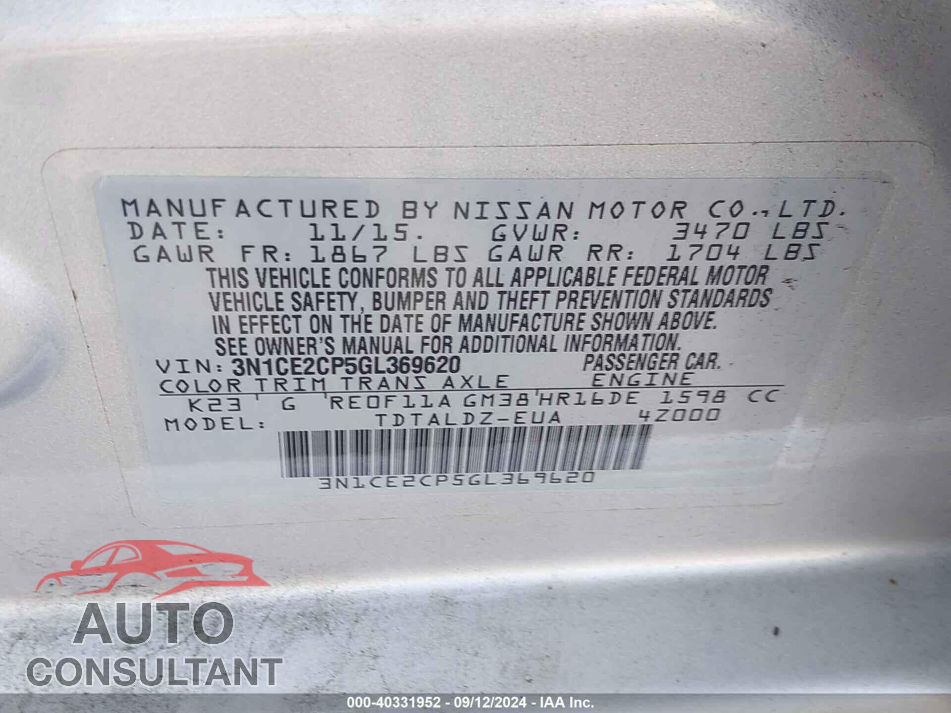 NISSAN VERSA NOTE 2016 - 3N1CE2CP5GL369620