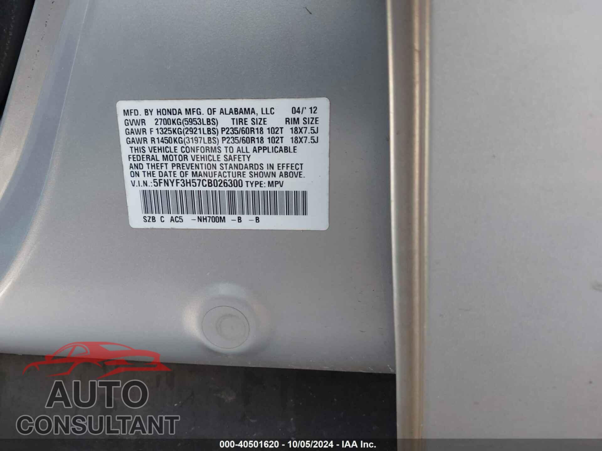 HONDA PILOT 2012 - 5FNYF3H57CB026300