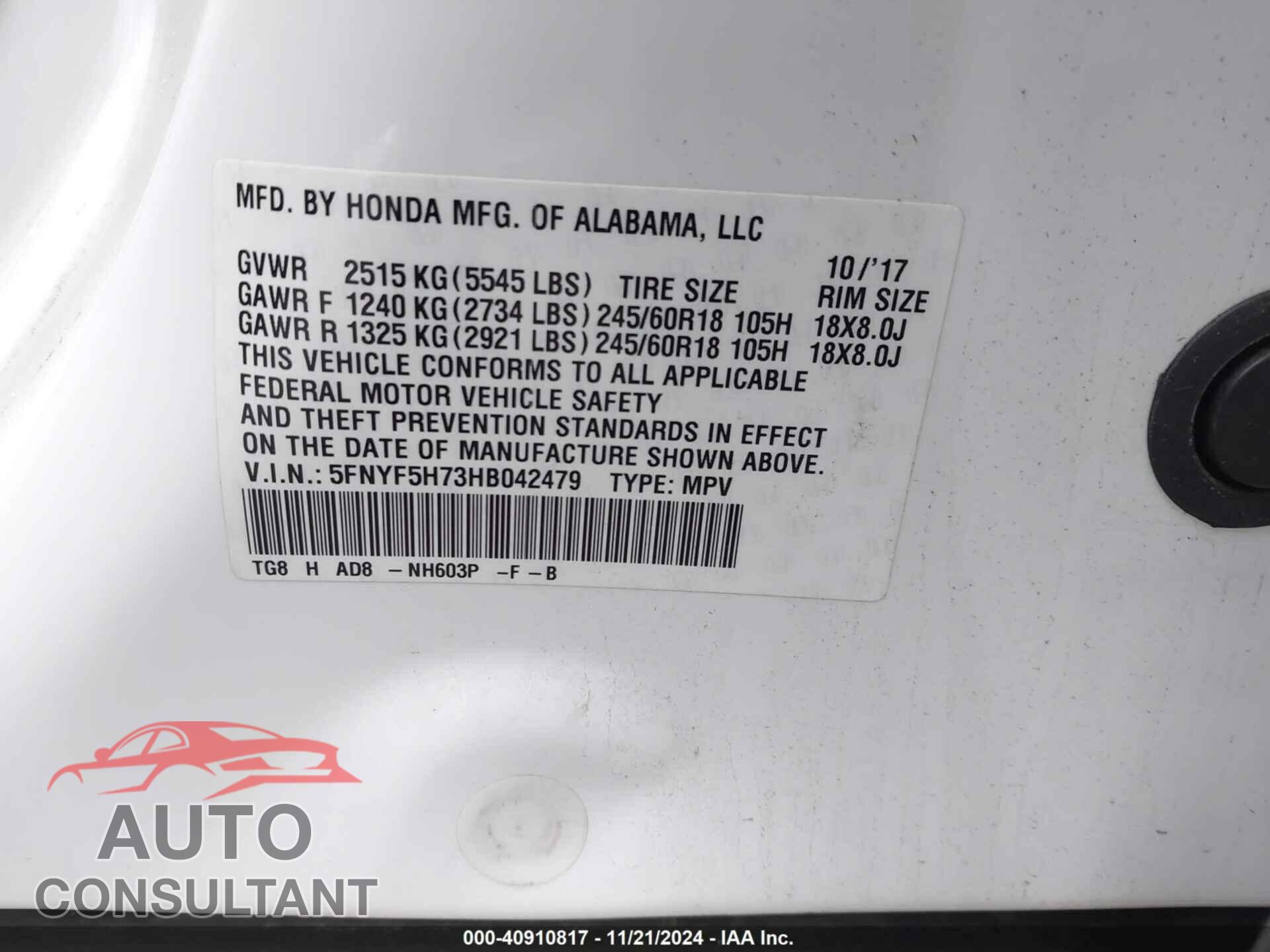 HONDA PILOT 2017 - 5FNYF5H73HB042479