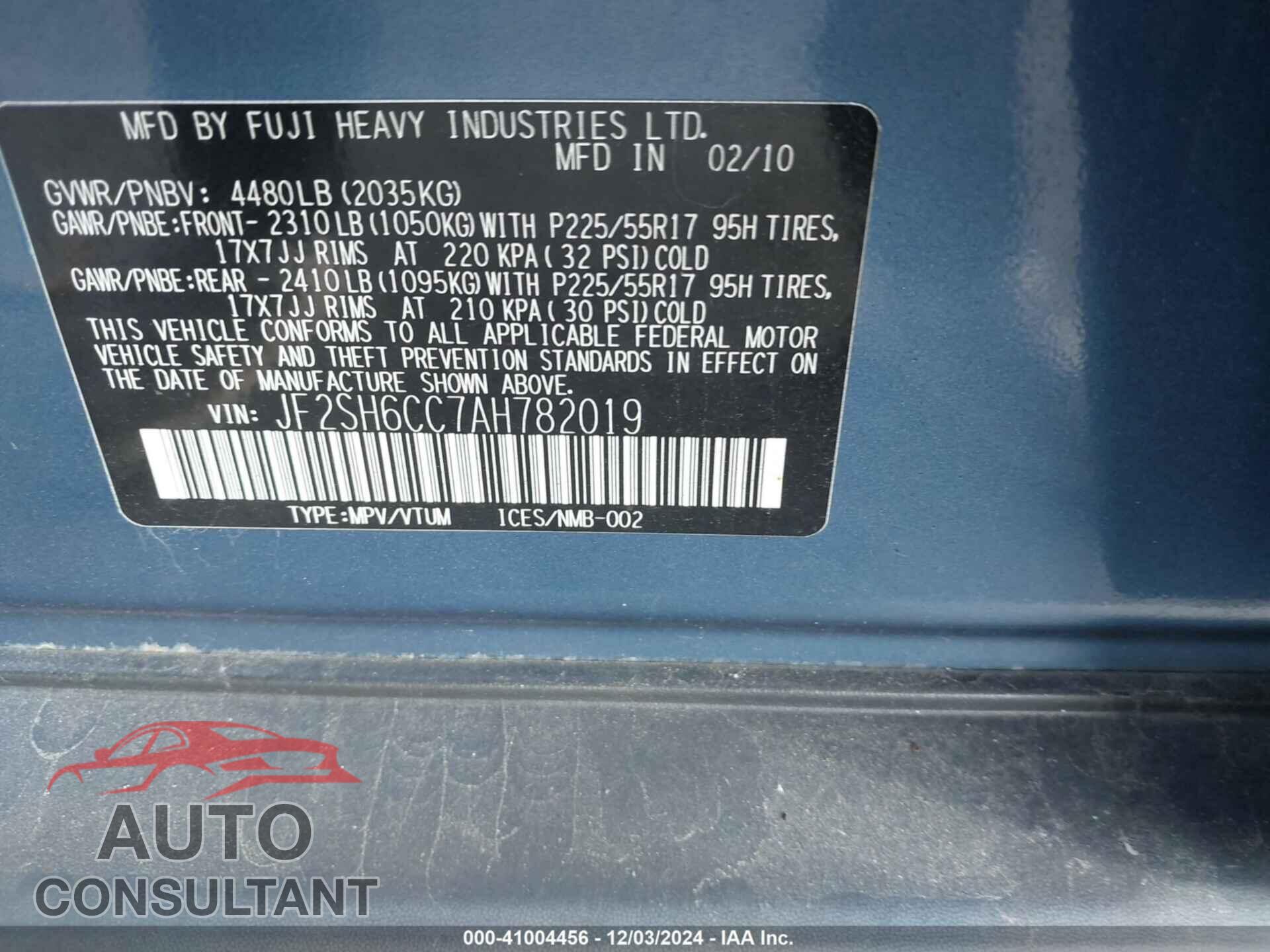 SUBARU FORESTER 2010 - JF2SH6CC7AH782019