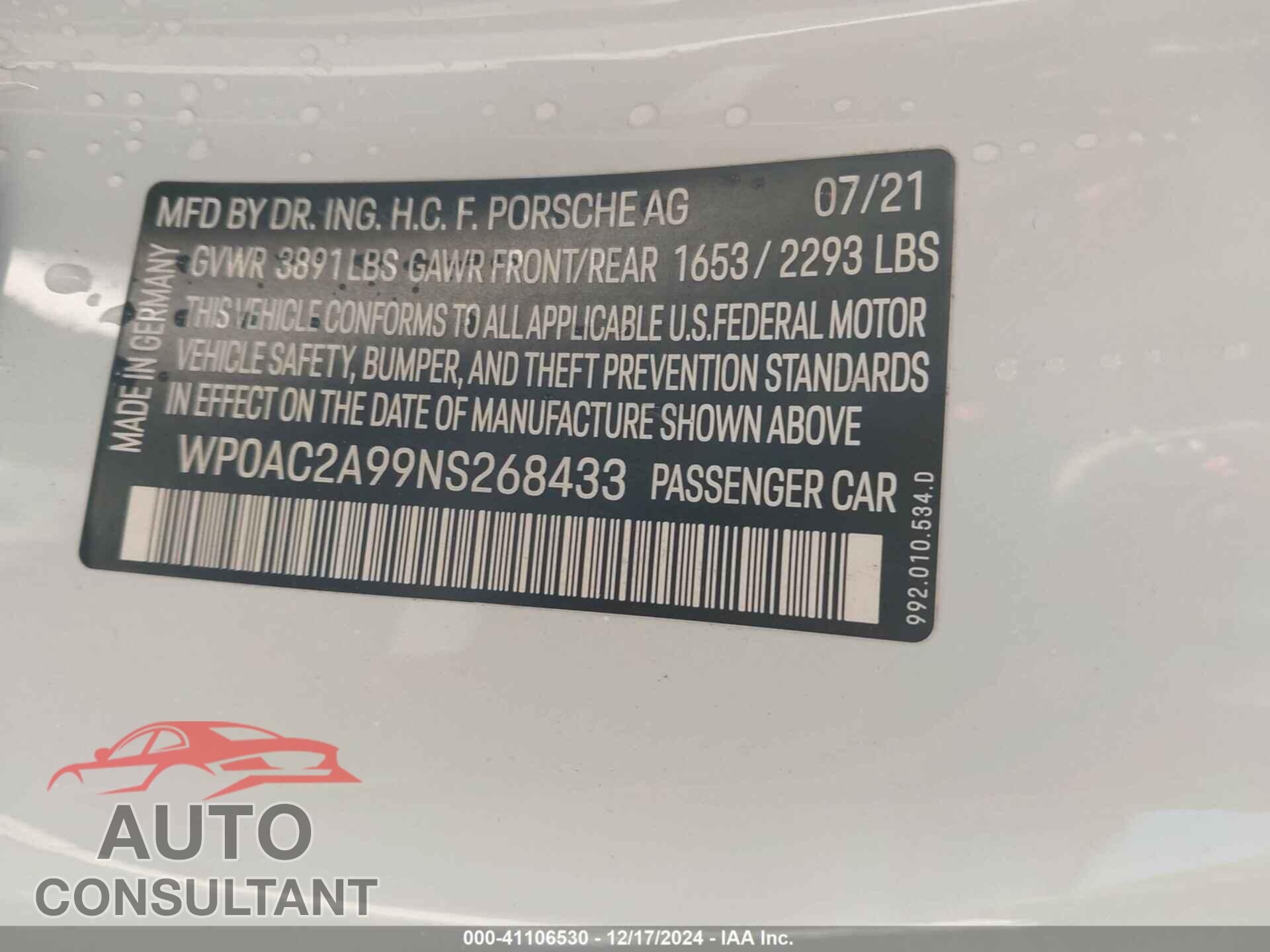 PORSCHE 911 2022 - WP0AC2A99NS268433