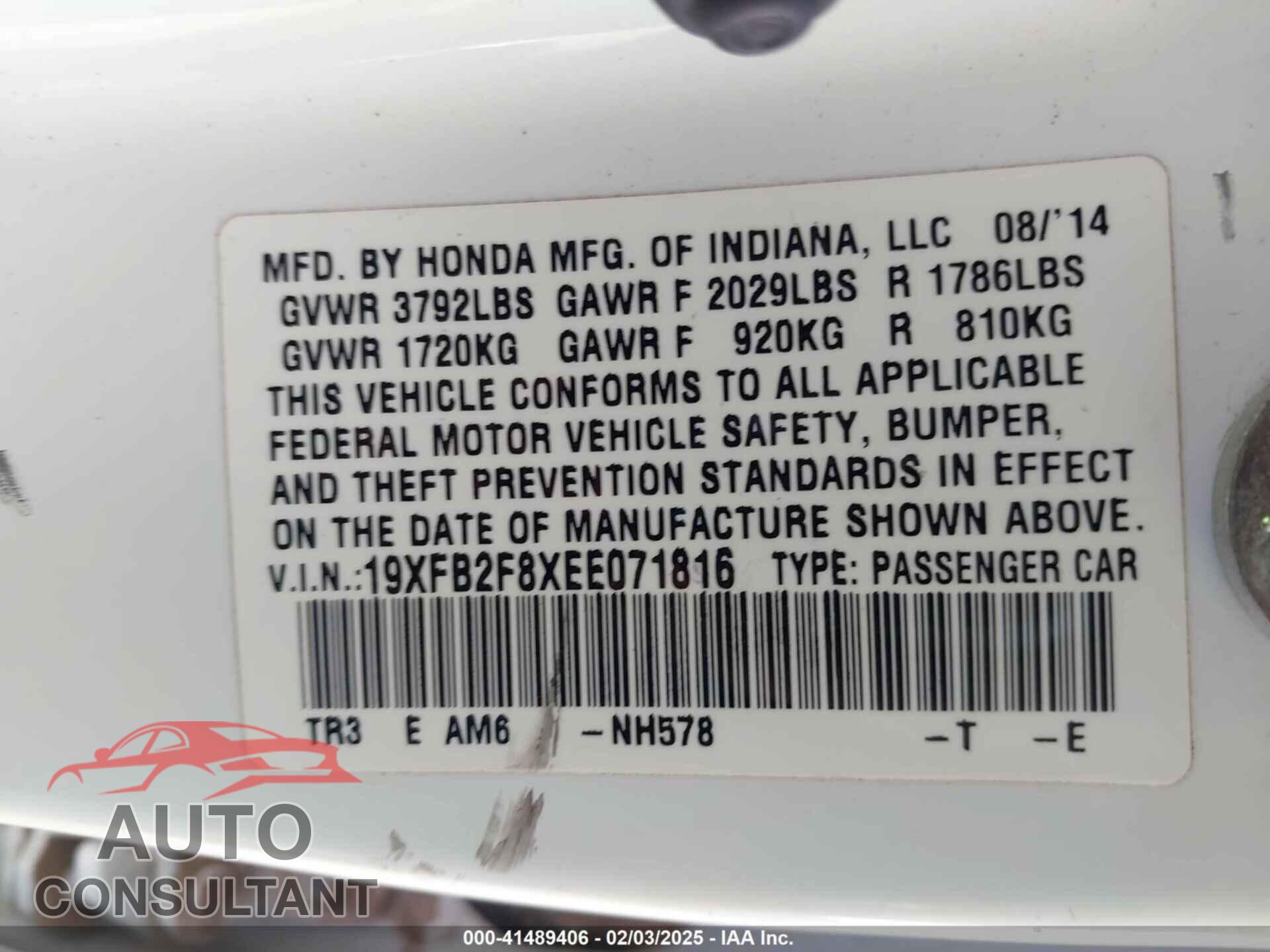 HONDA CIVIC 2014 - 19XFB2F8XEE071816