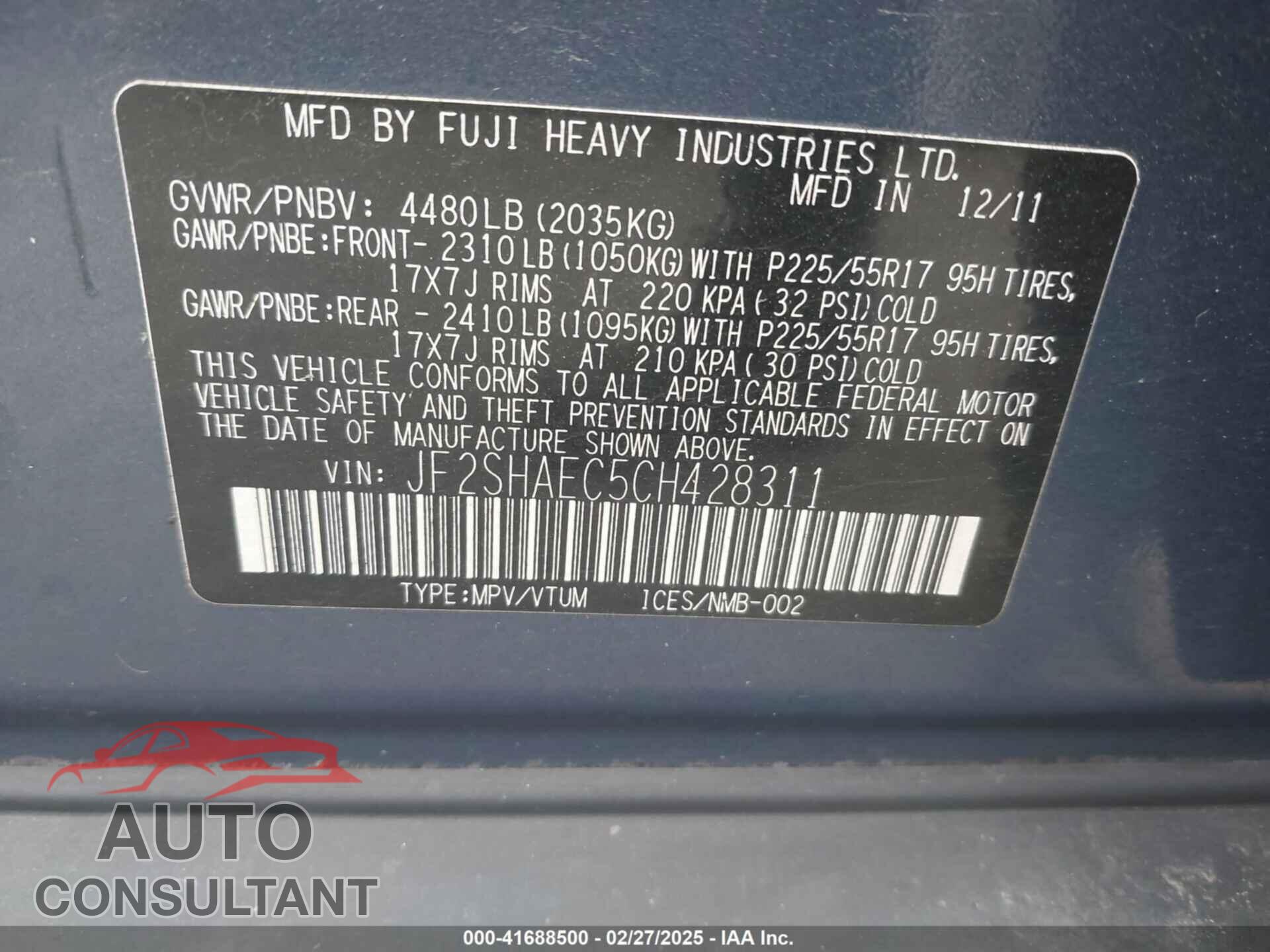 SUBARU FORESTER 2012 - JF2SHAEC5CH428311