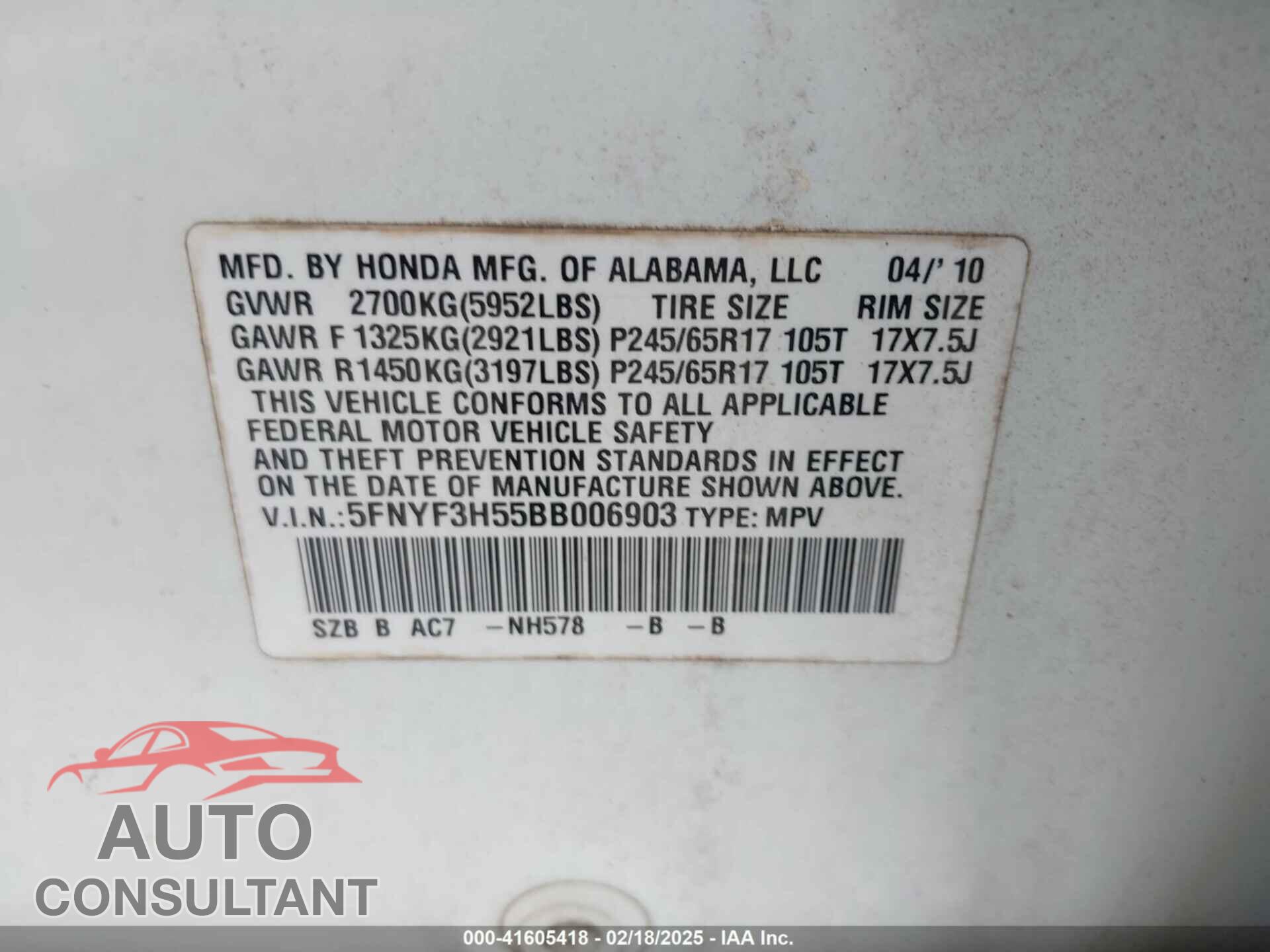 HONDA PILOT 2011 - 5FNYF3H55BB006903