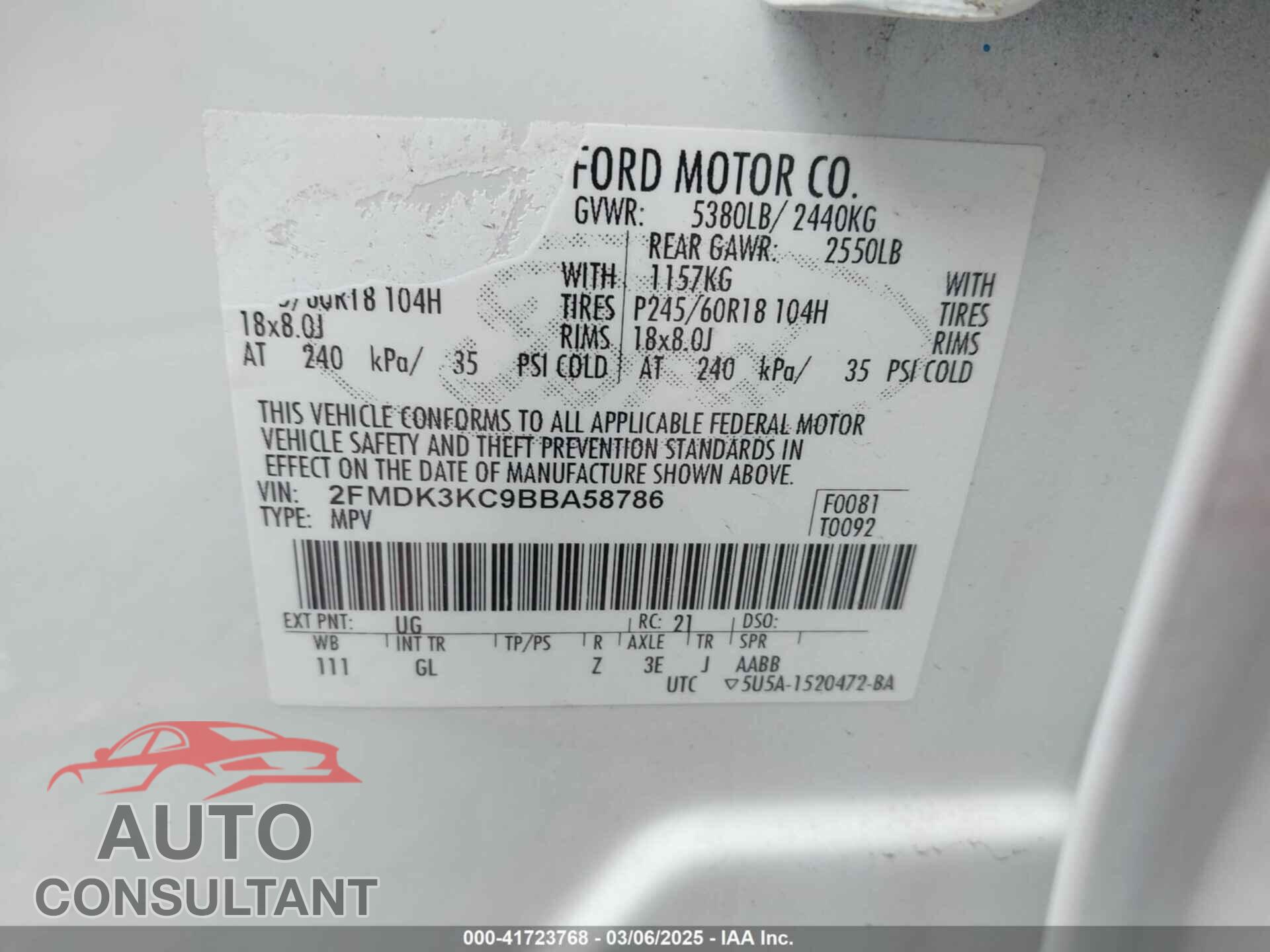 FORD EDGE 2011 - 2FMDK3KC9BBA58786