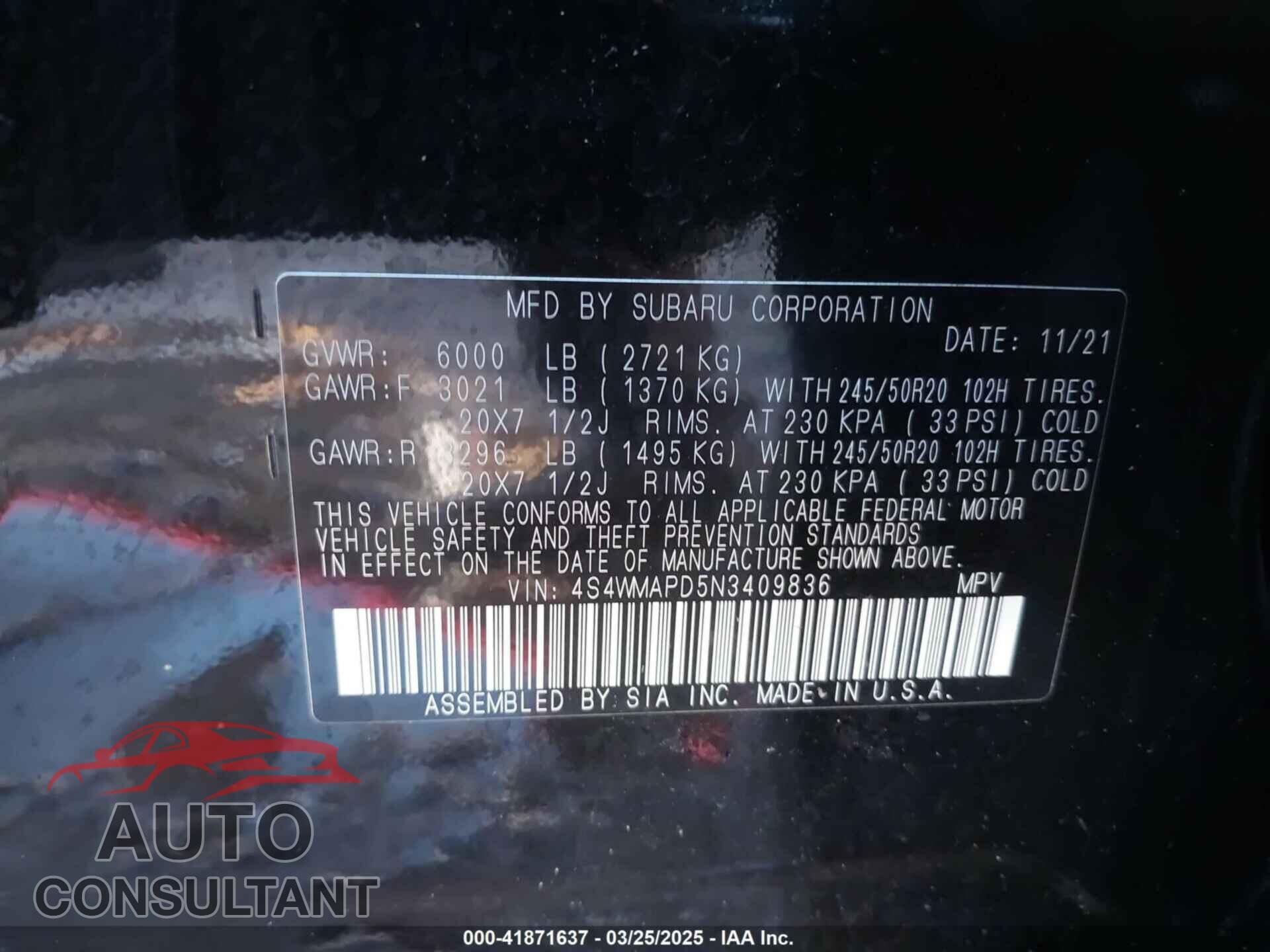 SUBARU ASCENT 2022 - 4S4WMAPD5N3409836