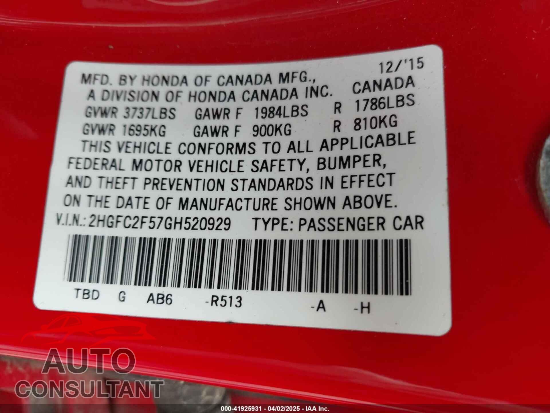 HONDA CIVIC 2016 - 2HGFC2F57GH520929