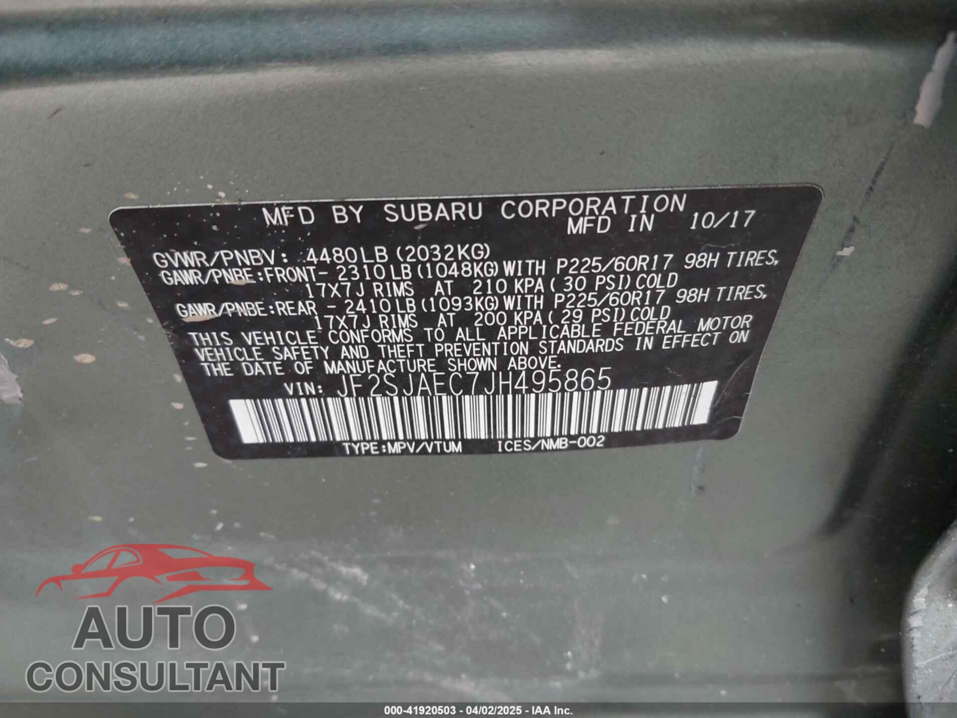 SUBARU FORESTER 2018 - JF2SJAEC7JH495865