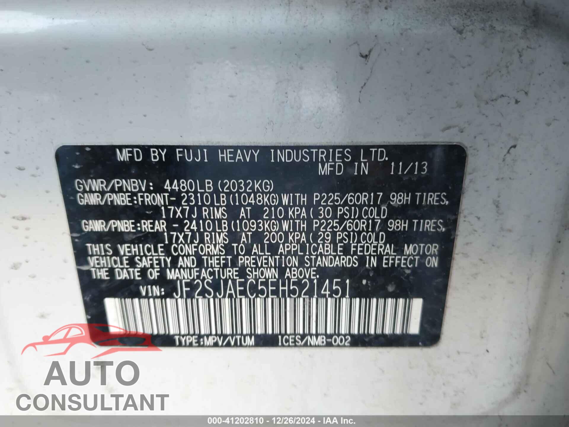 SUBARU FORESTER 2014 - JF2SJAEC5EH521451