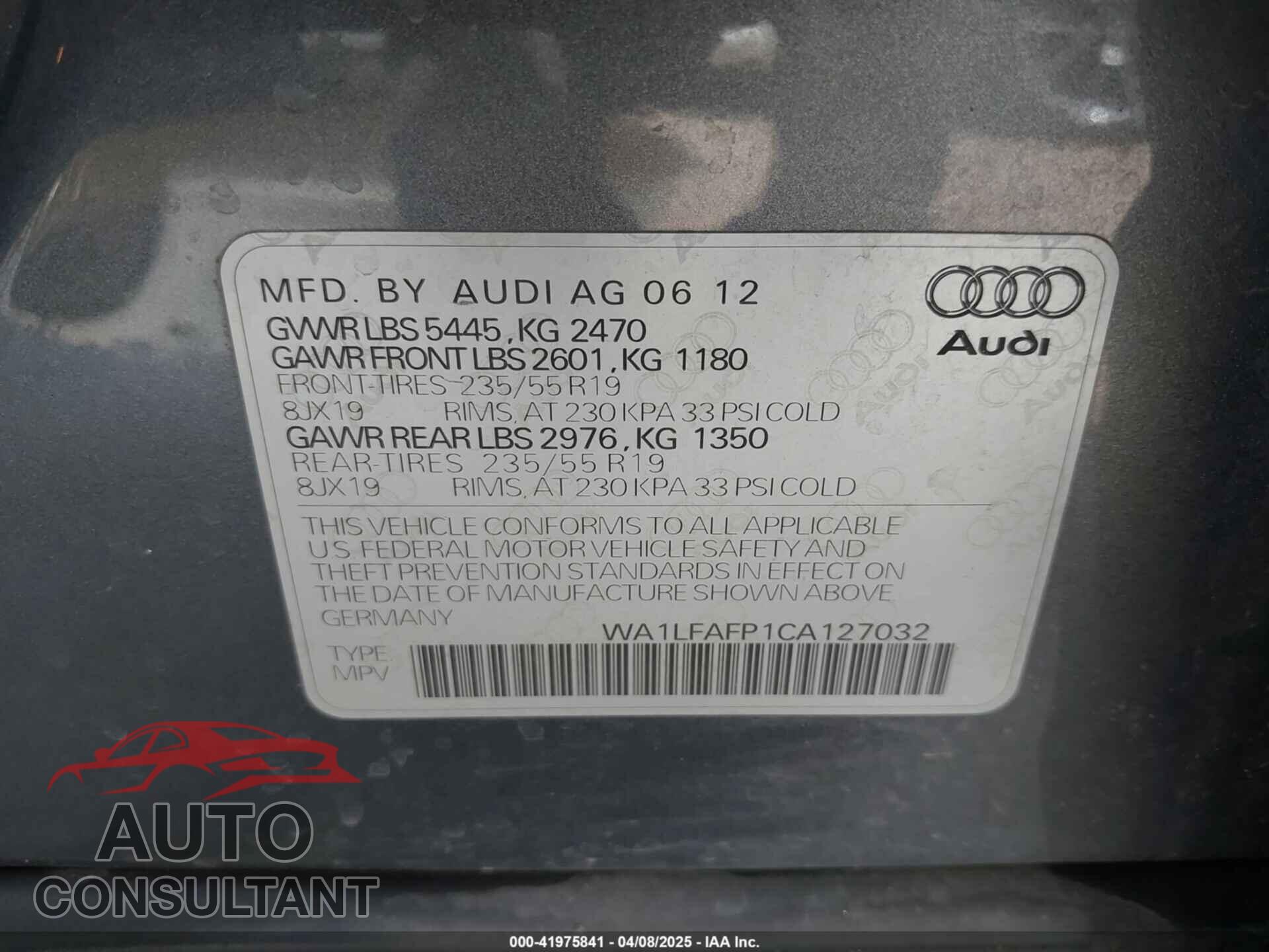 AUDI Q5 2012 - WA1LFAFP1CA127032