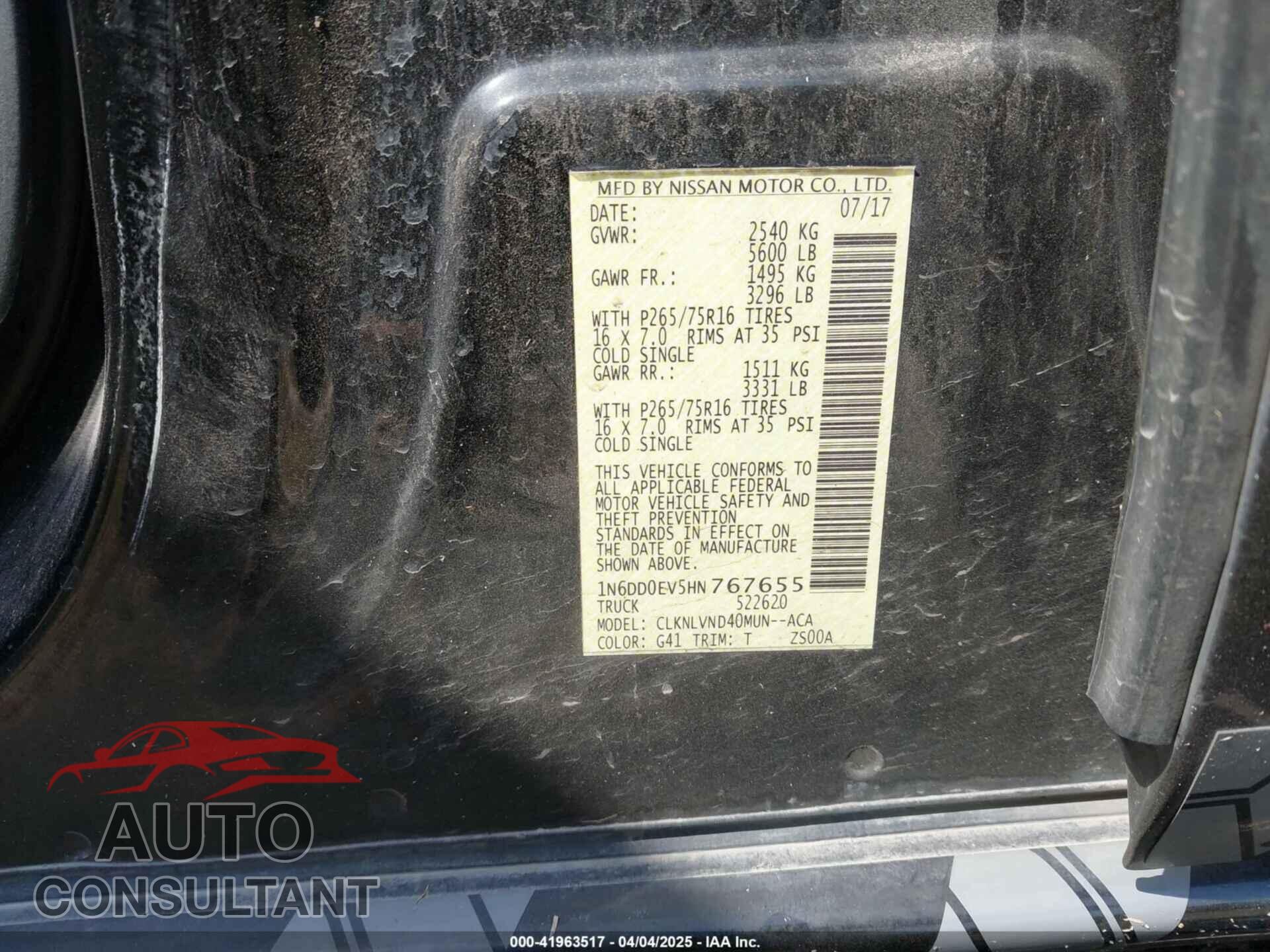 NISSAN FRONTIER 2017 - 1N6DD0EV5HN767655