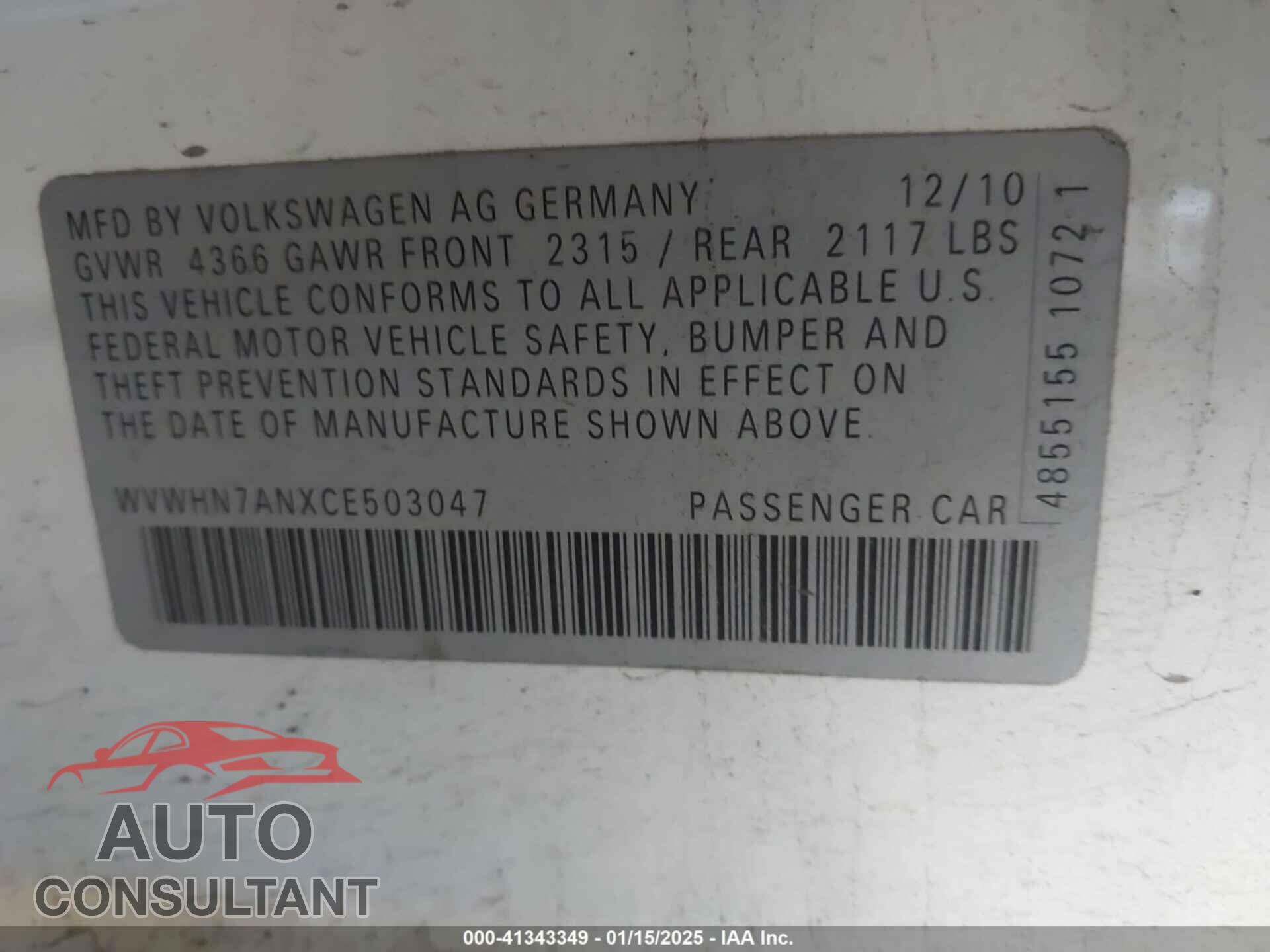 VOLKSWAGEN CC 2012 - WVWHN7ANXCE503047