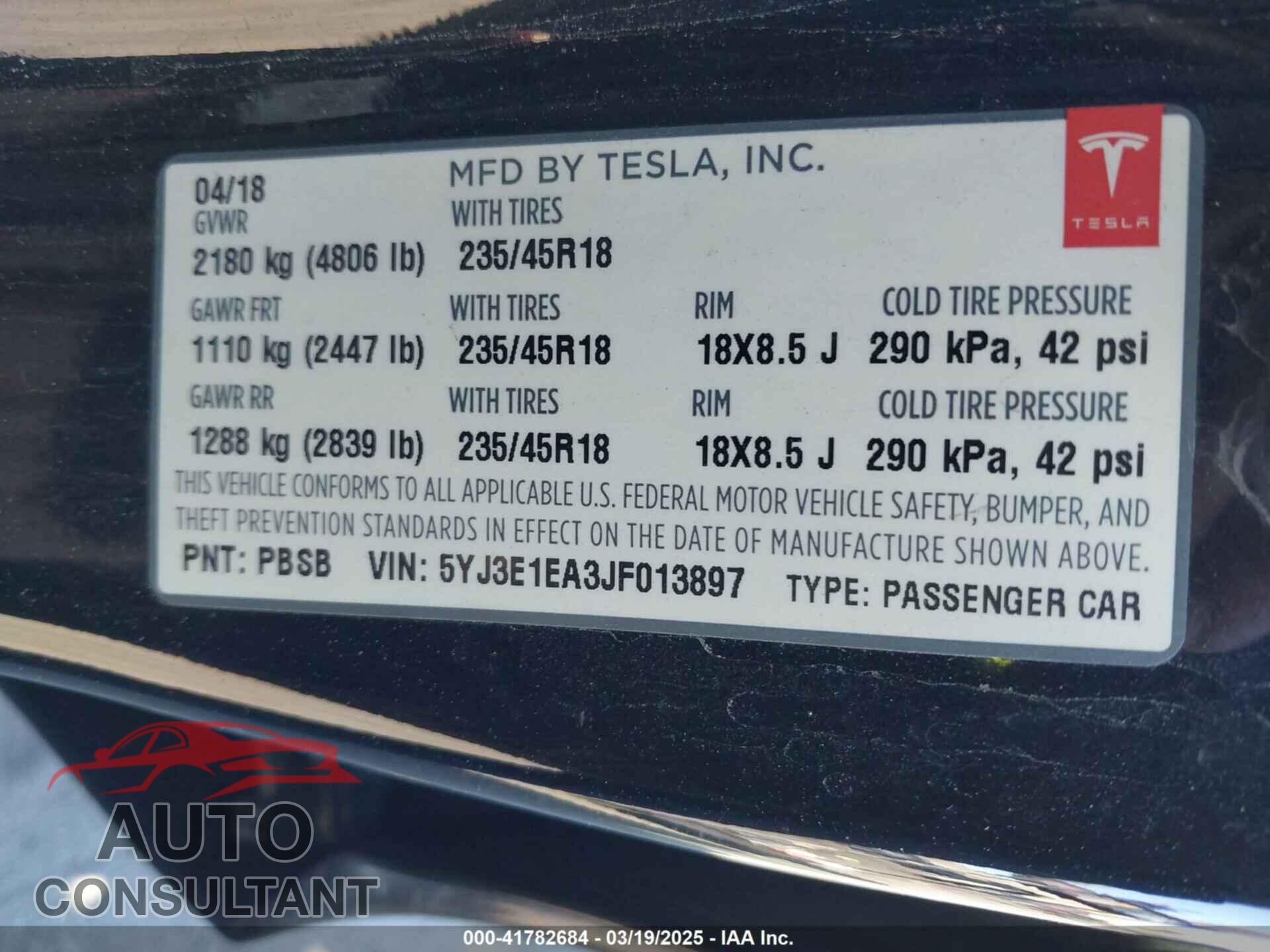 TESLA MODEL 3 2018 - 5YJ3E1EA3JF013897