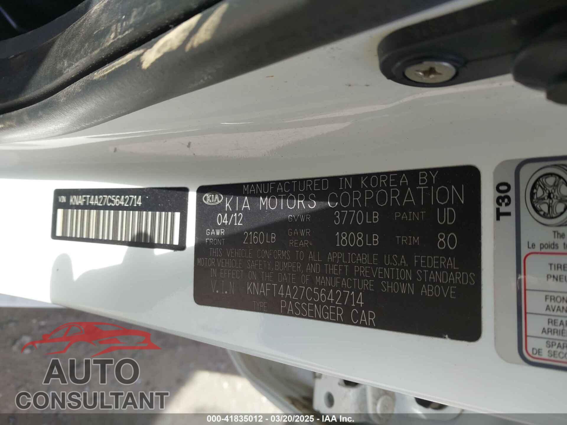 KIA FORTE 2012 - KNAFT4A27C5642714
