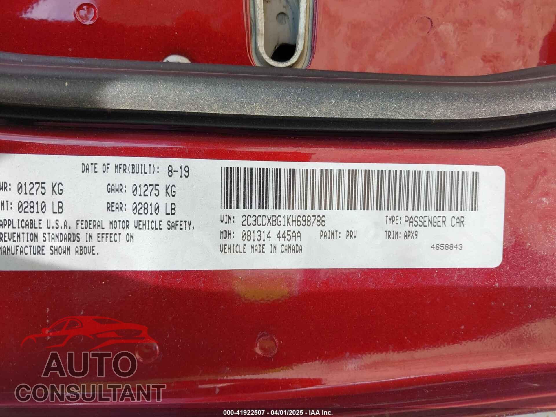 DODGE CHARGER 2019 - 2C3CDXBG1KH698786