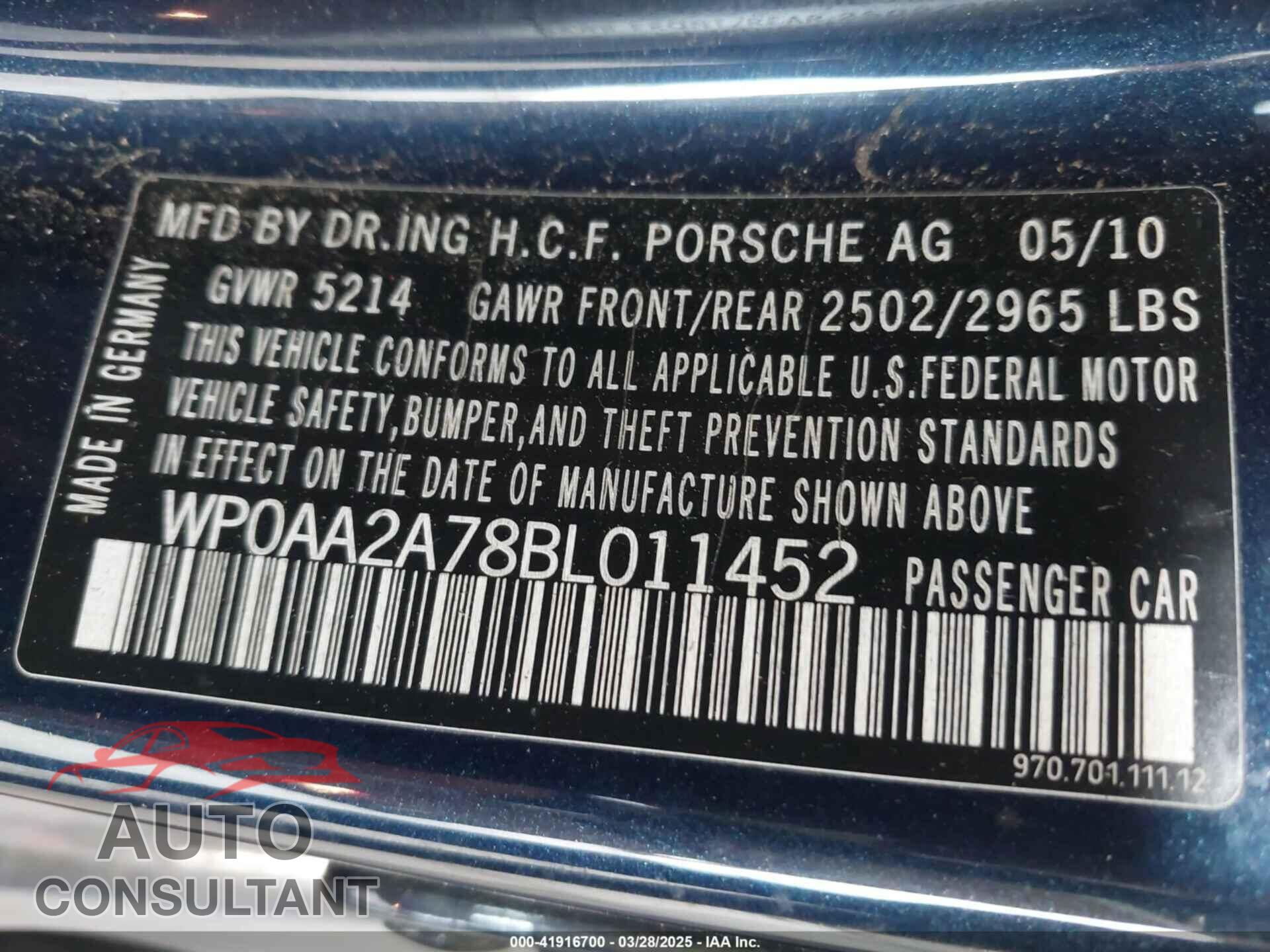 PORSCHE PANAMERA 2011 - WP0AA2A78BL011452