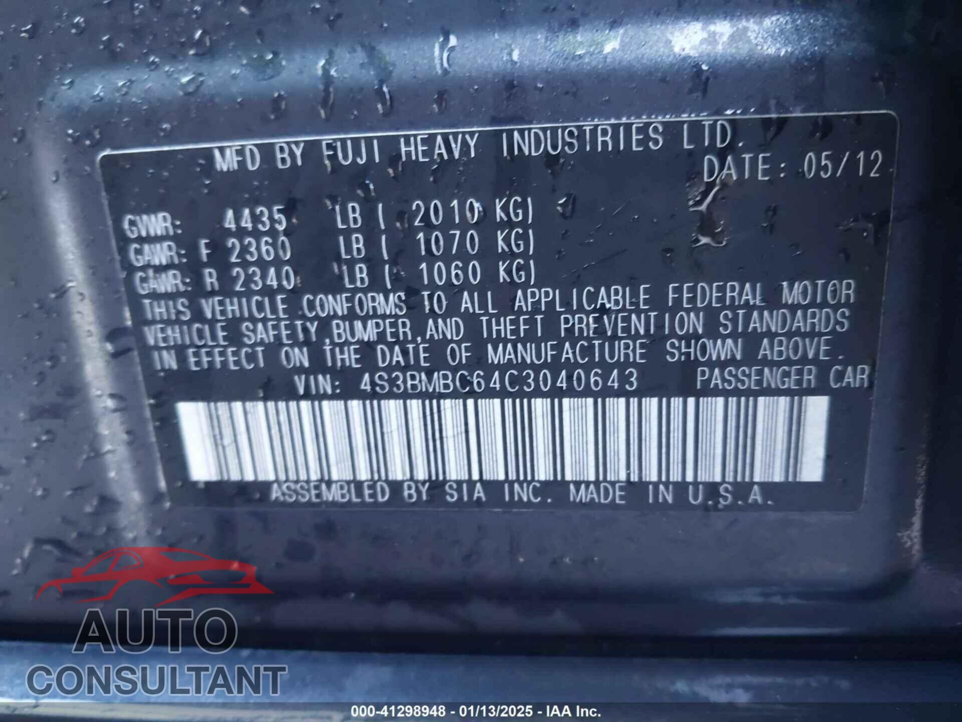 SUBARU LEGACY 2012 - 4S3BMBC64C3040643