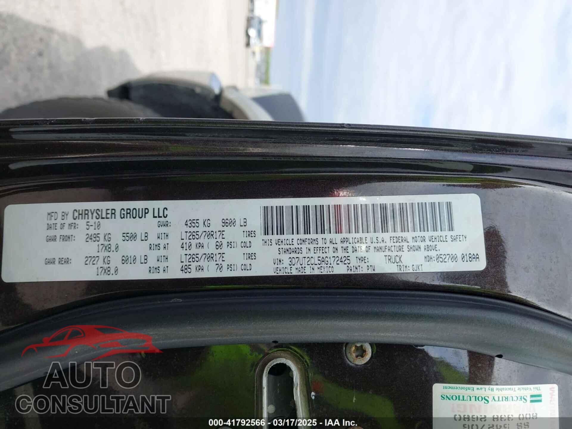 DODGE RAM 2500 2010 - 3D7UT2CL5AG172425