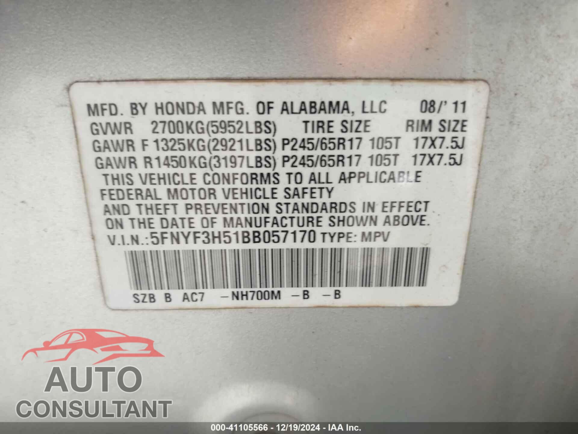 HONDA PILOT 2011 - 5FNYF3H51BB057170