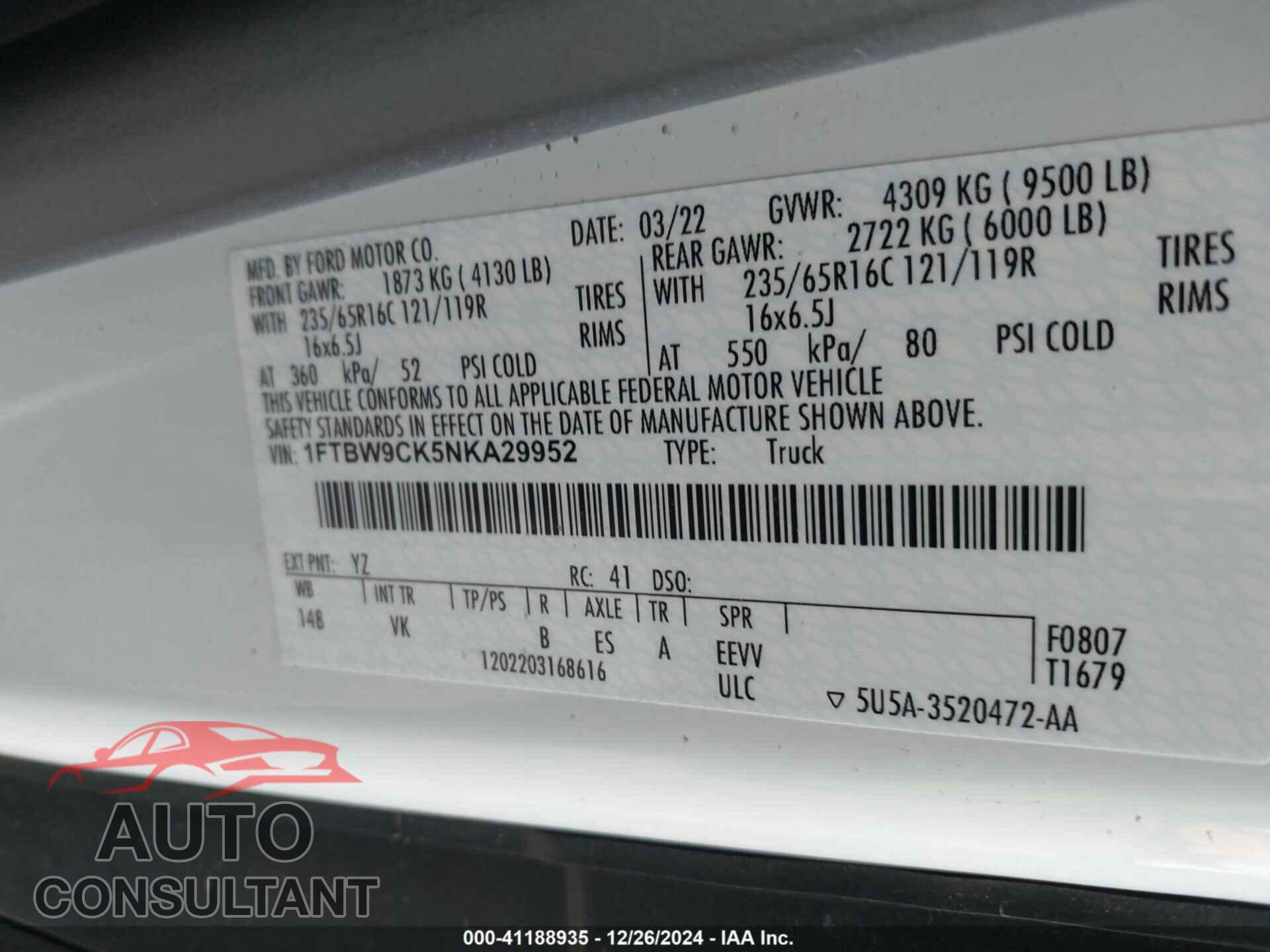 FORD E-TRANSIT-350 2022 - 1FTBW9CK5NKA29952