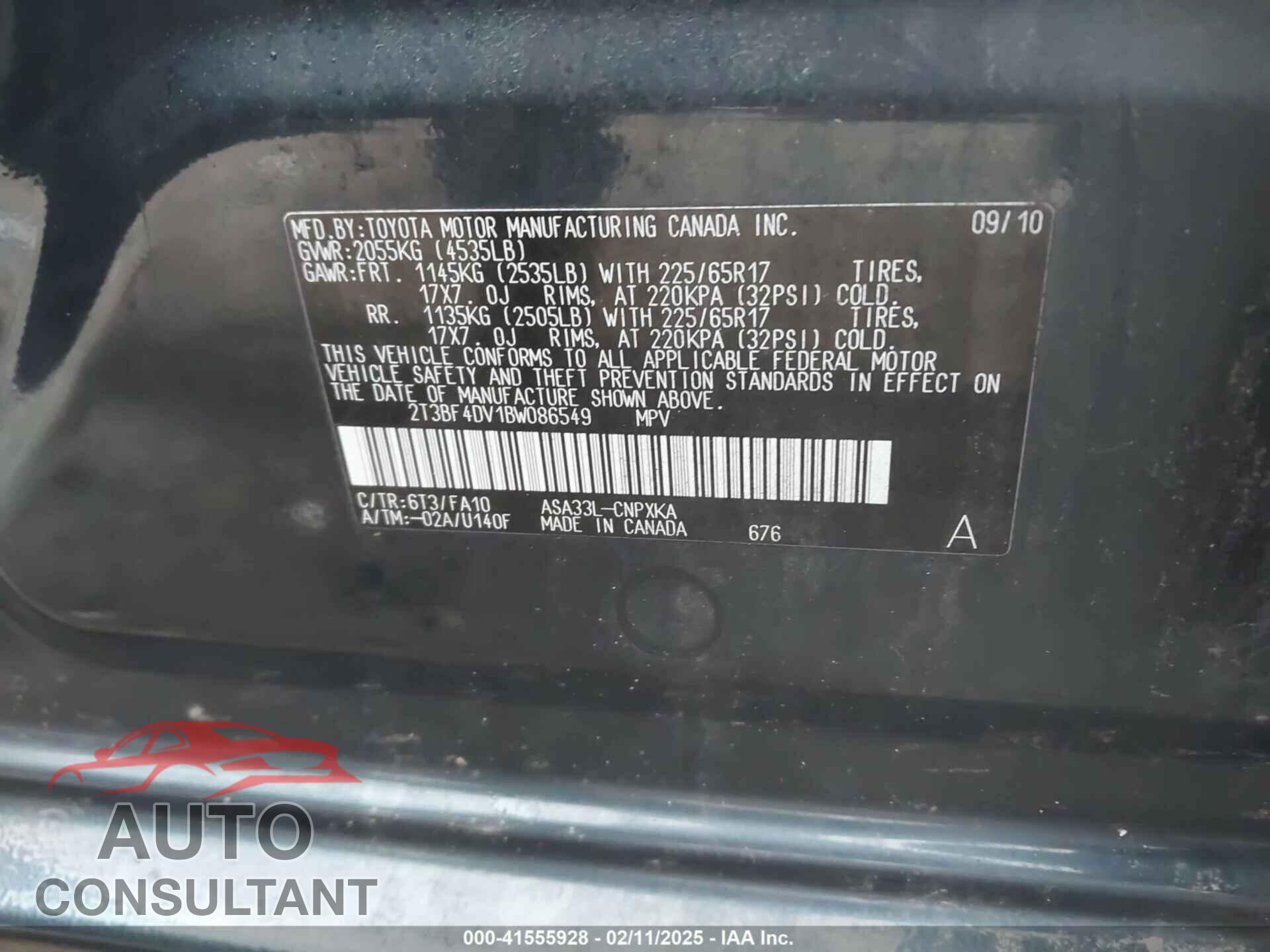TOYOTA RAV4 2011 - 2T3BF4DV1BW086549