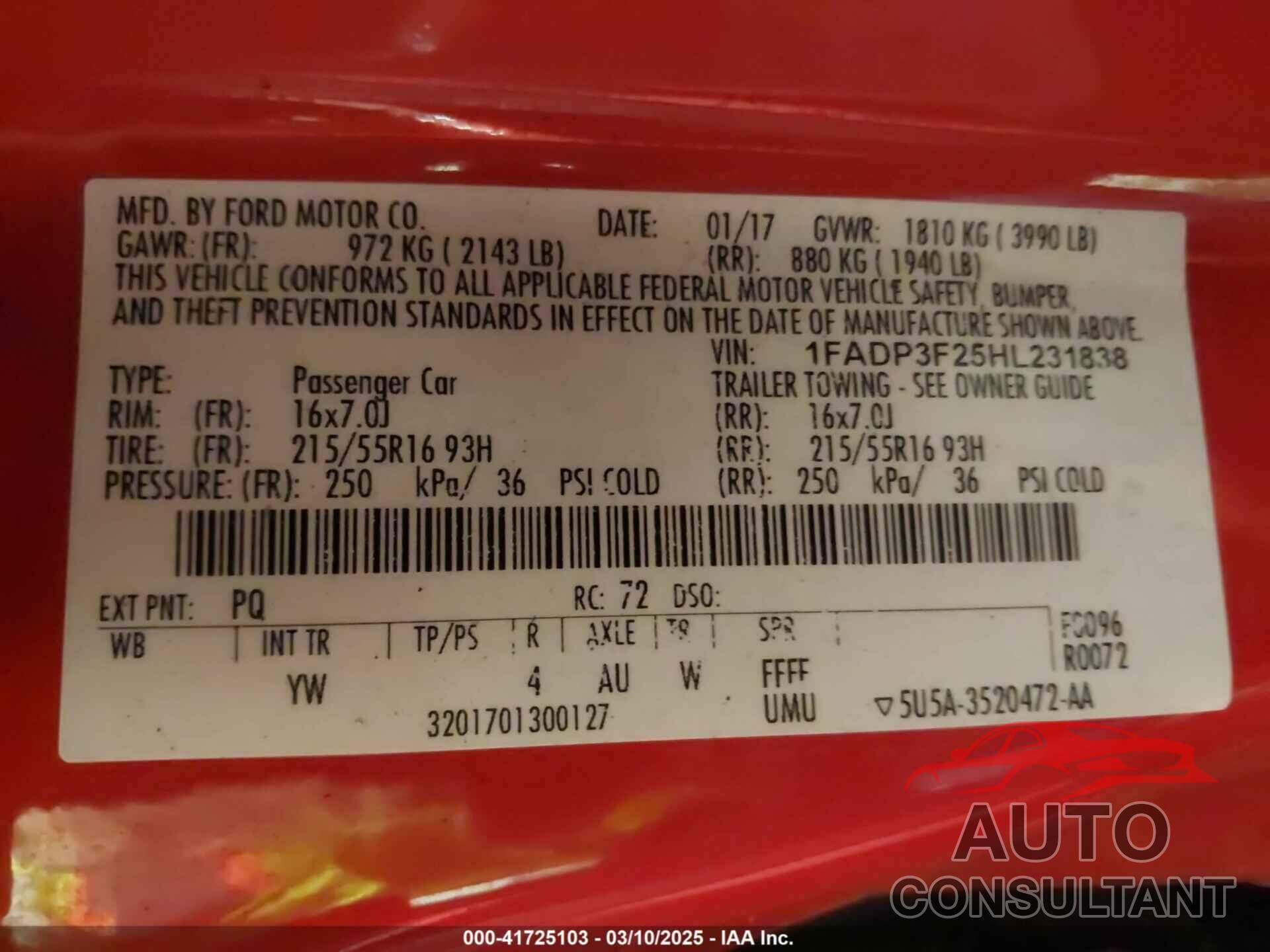 FORD FOCUS 2017 - 1FADP3F25HL231838