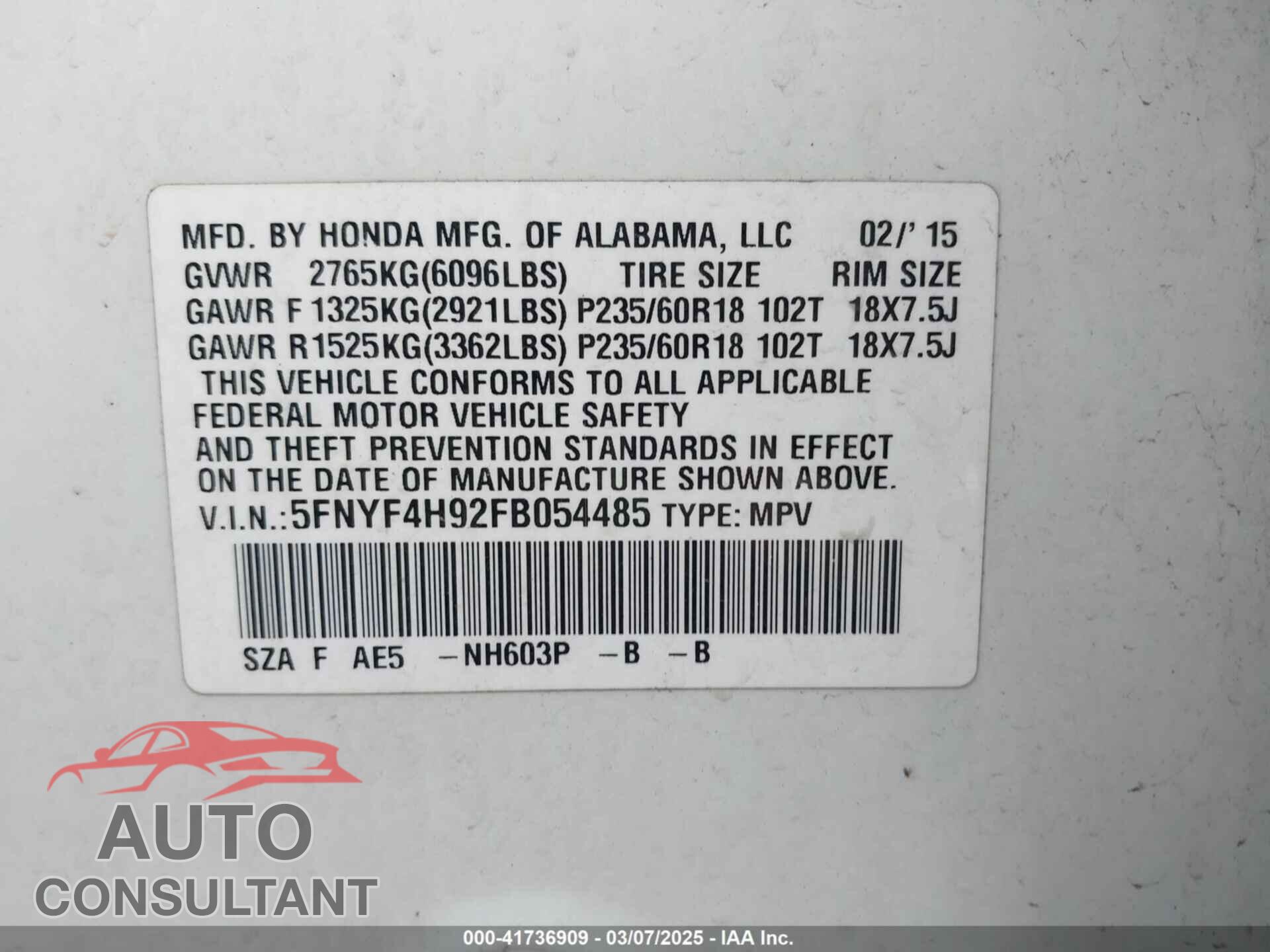 HONDA PILOT 2015 - 5FNYF4H92FB054485
