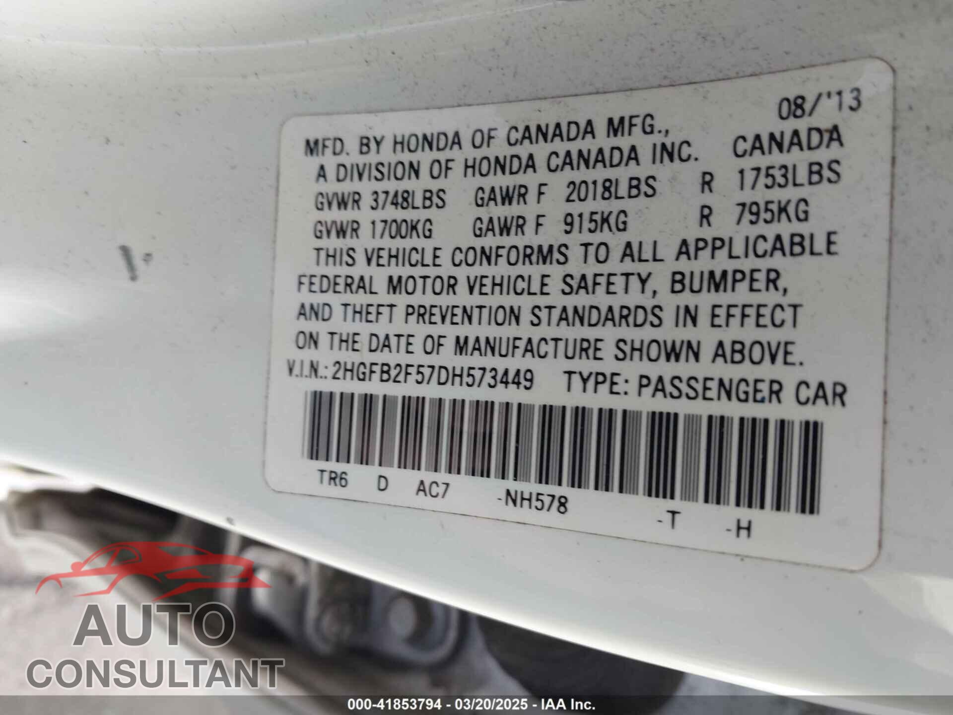 HONDA CIVIC 2013 - 2HGFB2F57DH573449