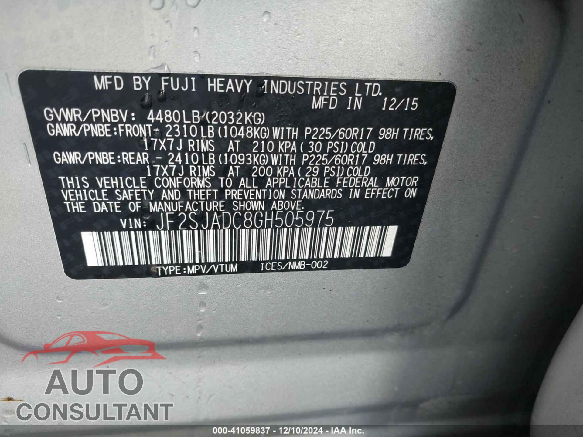 SUBARU FORESTER 2016 - JF2SJADC8GH505975