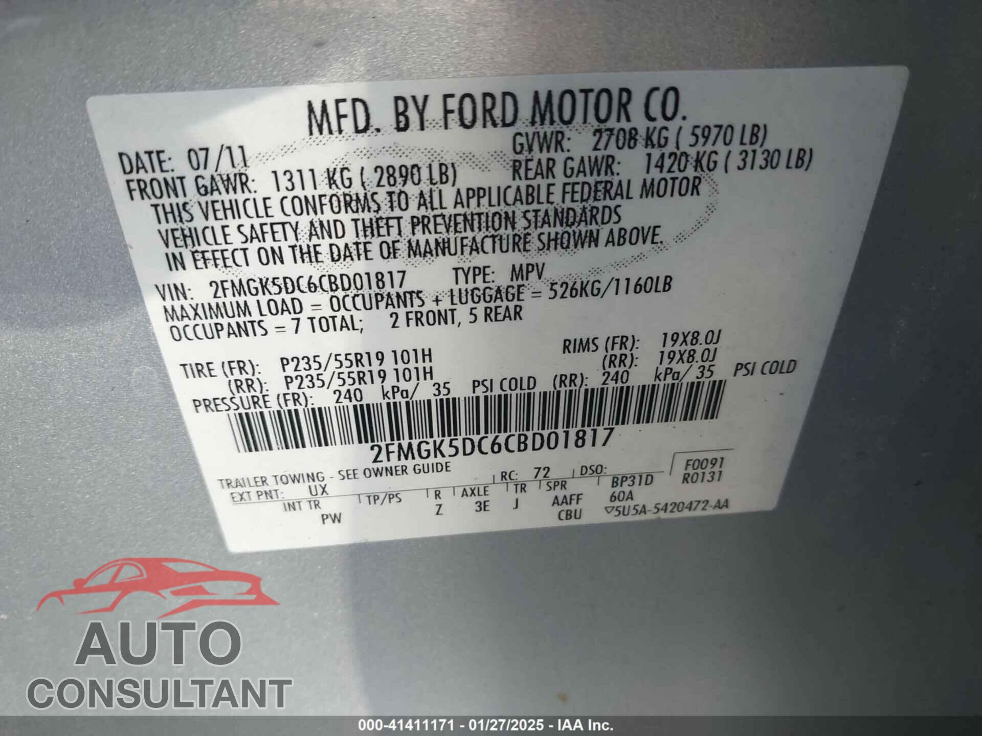 FORD FLEX 2012 - 2FMGK5DC6CBD01817