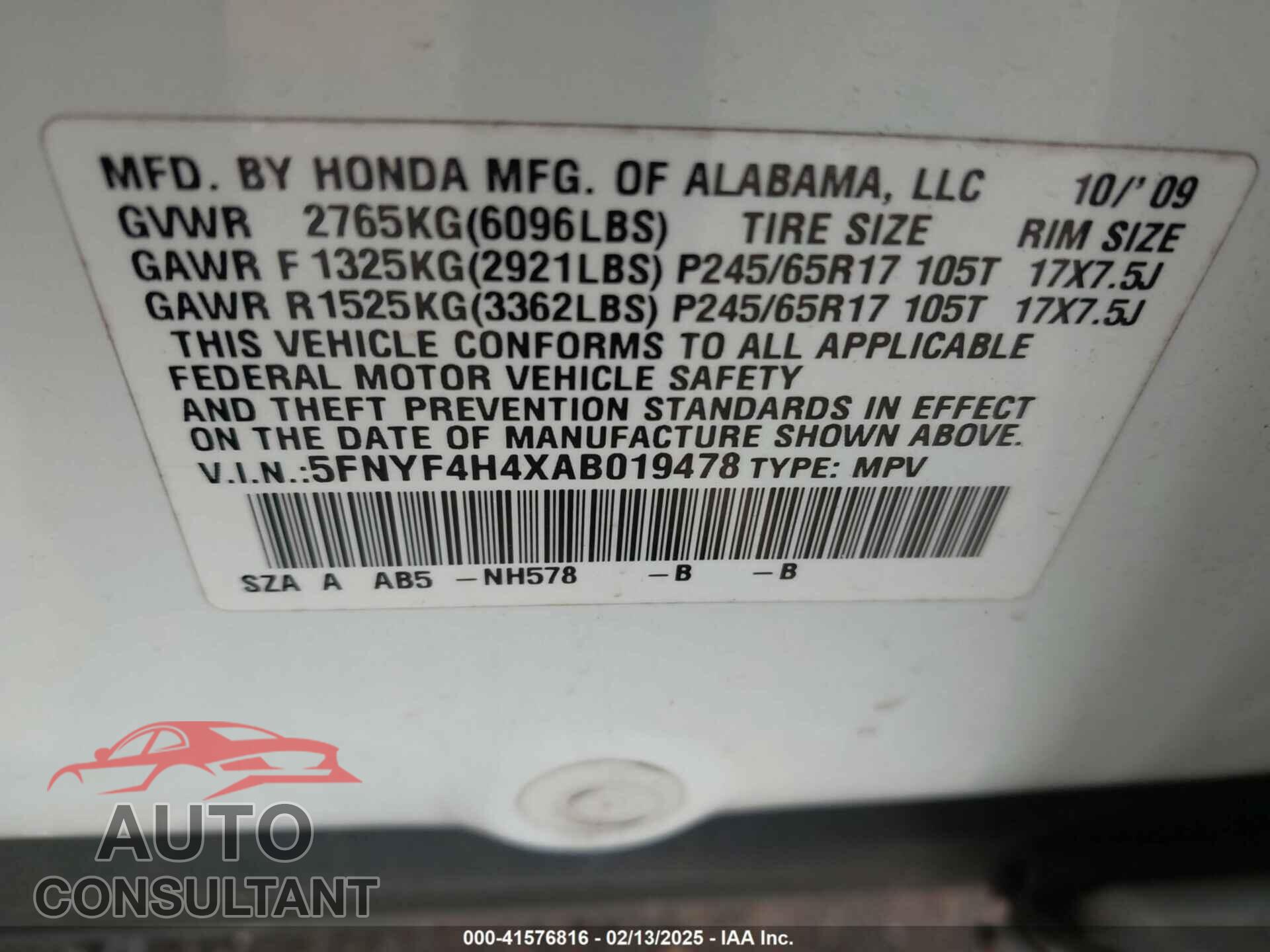 HONDA PILOT 2010 - 5FNYF4H4XAB019478