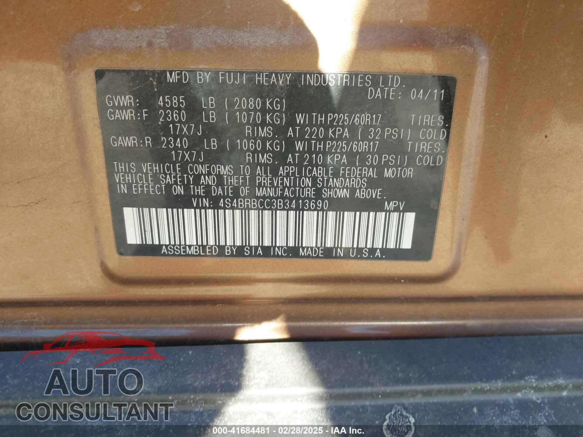 SUBARU OUTBACK 2011 - 4S4BRBCC3B3413690