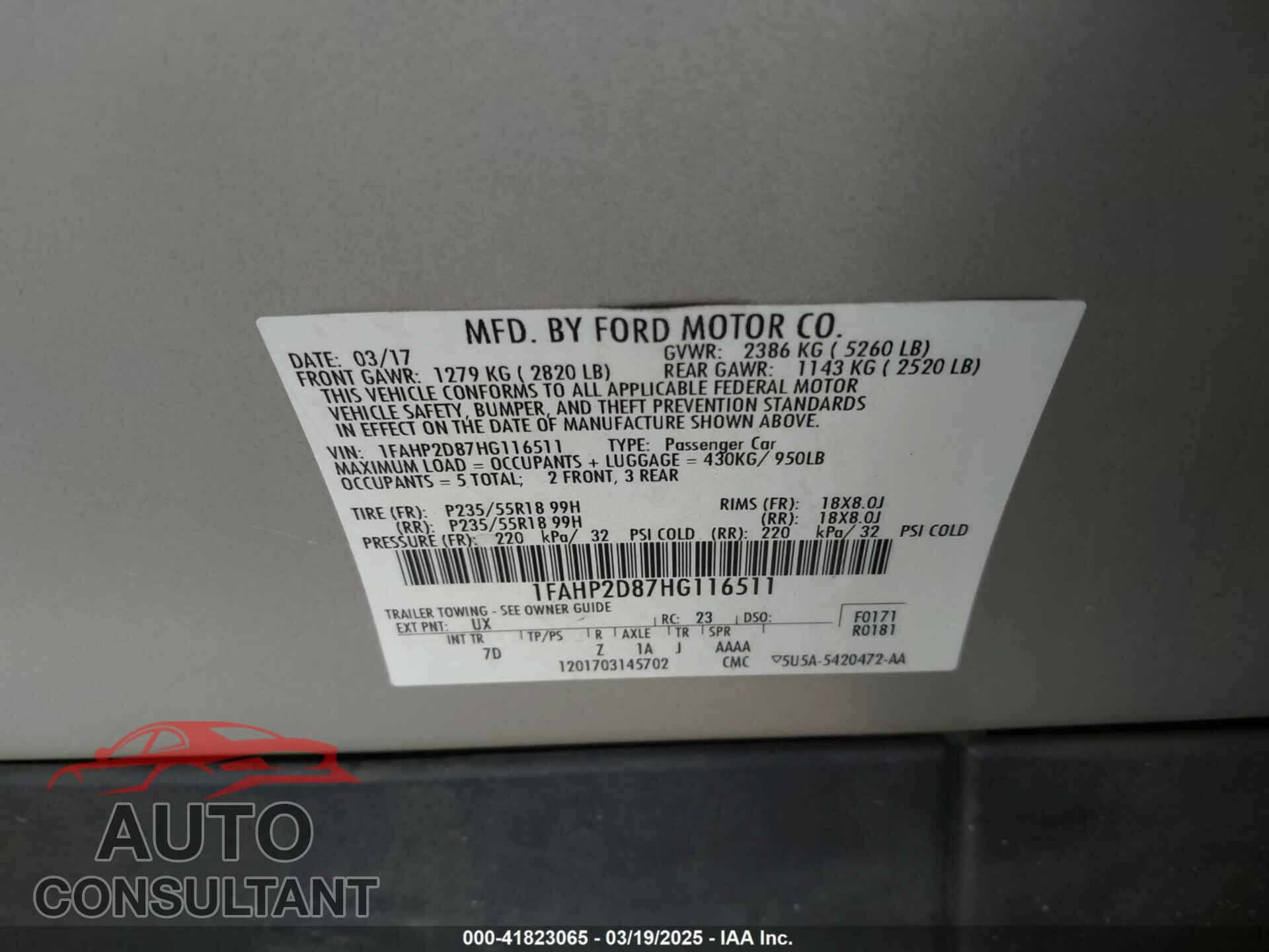 FORD TAURUS 2017 - 1FAHP2D87HG116511