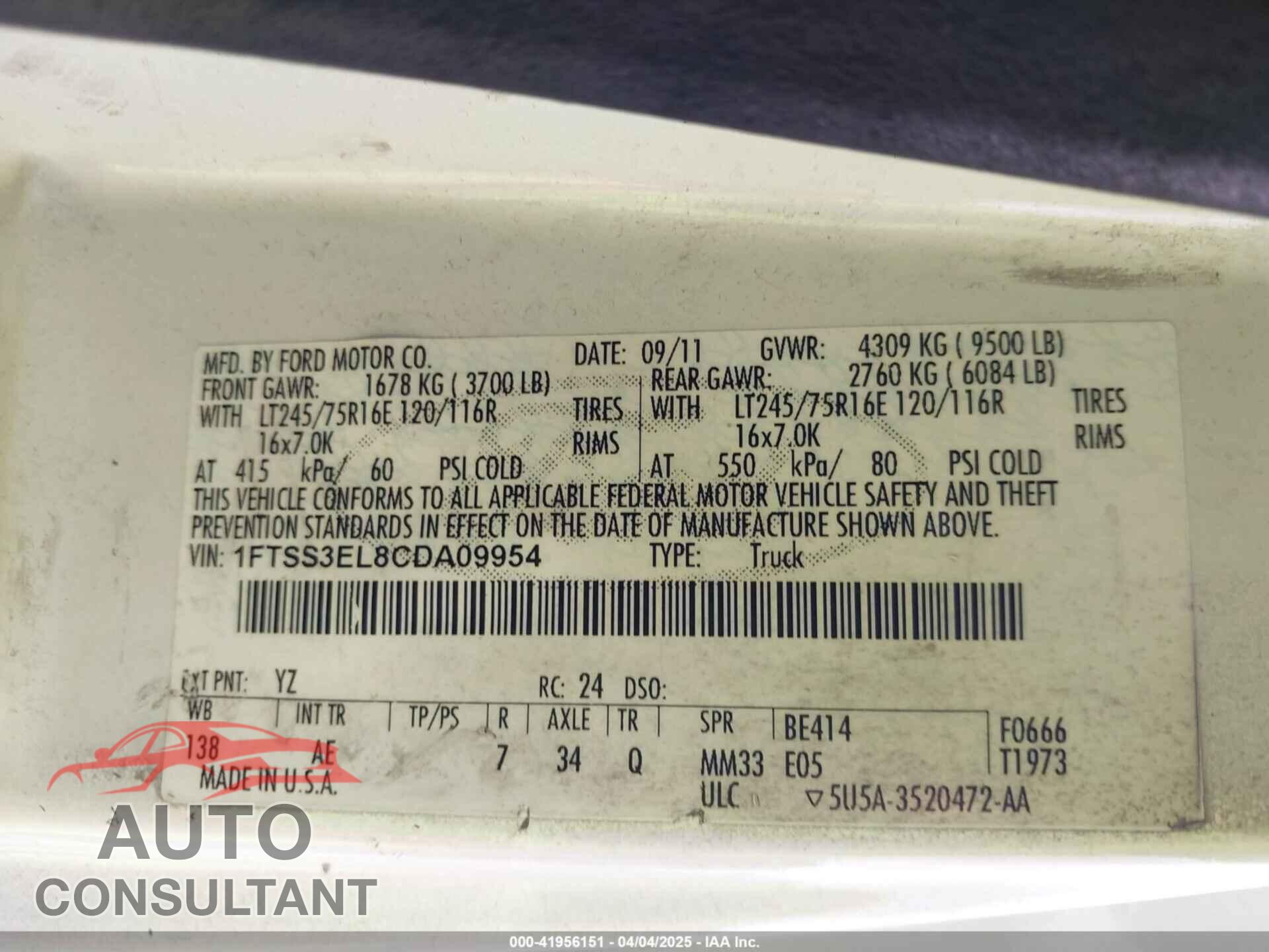 FORD E-350 SUPER DUTY 2012 - 1FTSS3EL8CDA09954