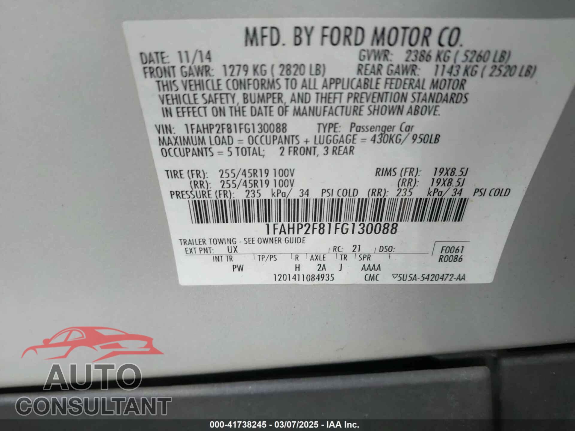 FORD TAURUS 2015 - 1FAHP2F81FG130088