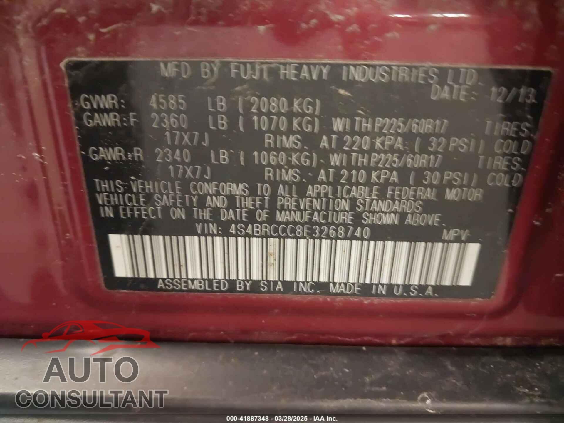 SUBARU OUTBACK 2014 - 4S4BRCCC8E3268740