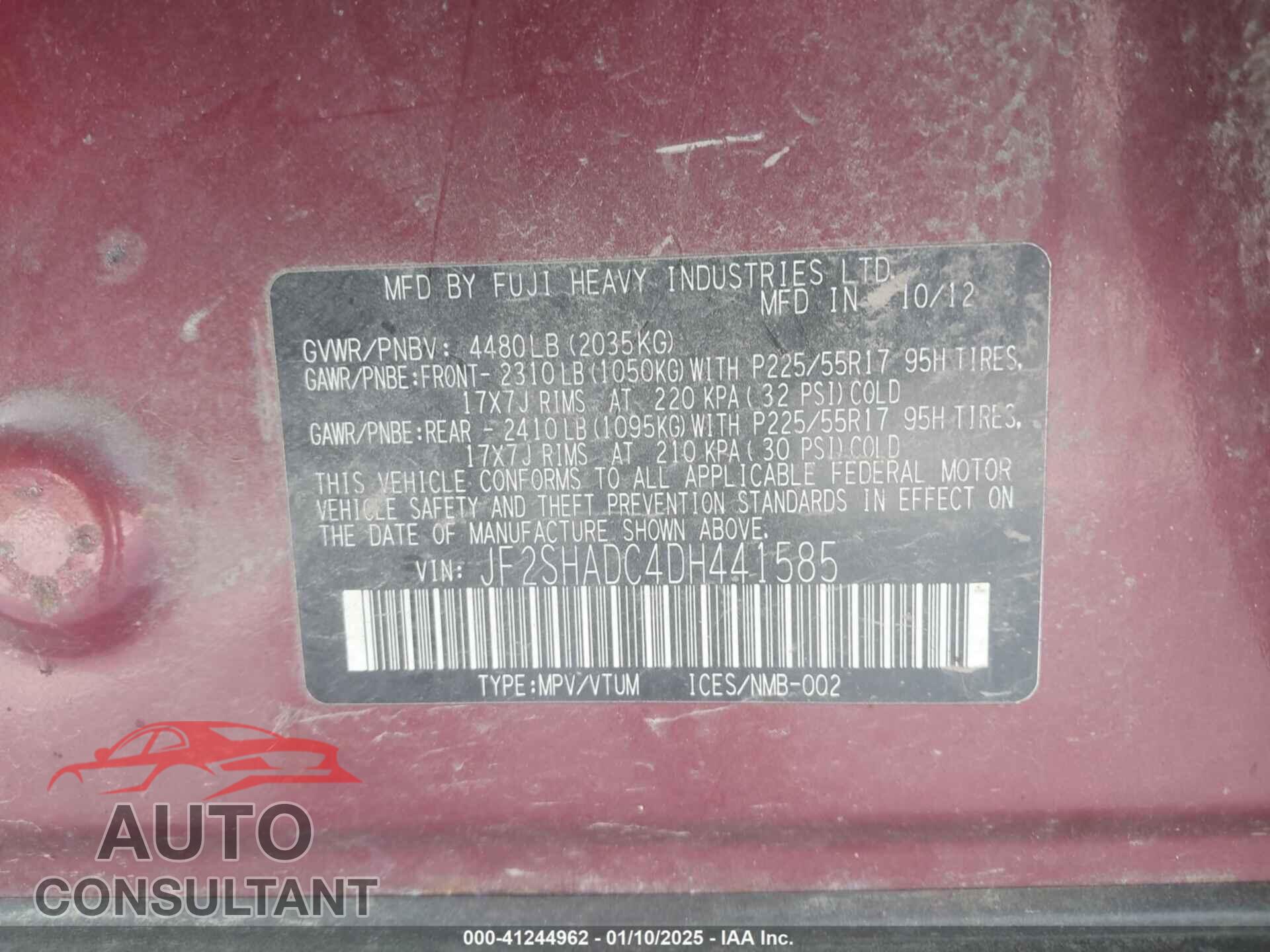 SUBARU FORESTER 2013 - JF2SHADC4DH441585