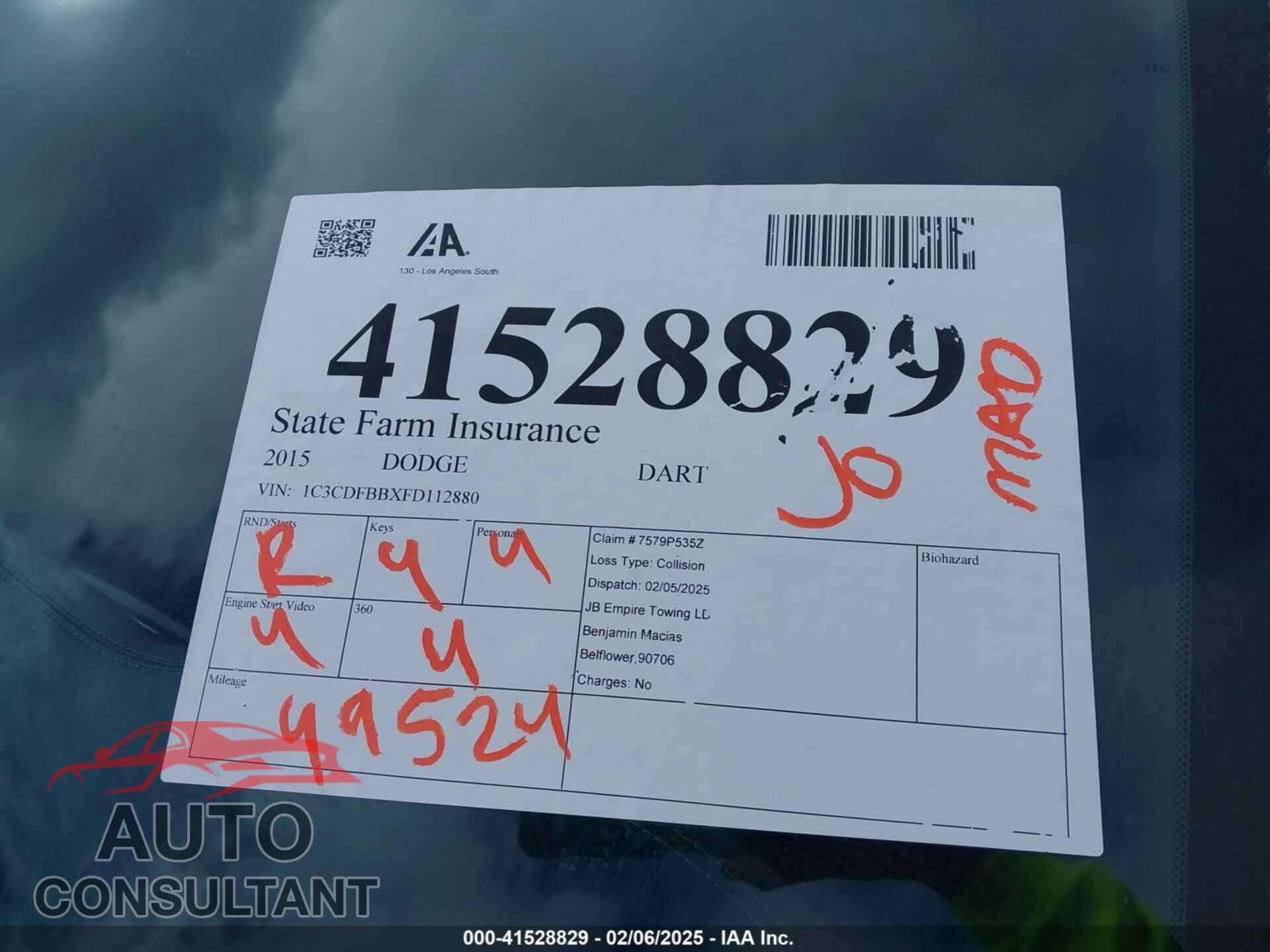 DODGE DART 2015 - 1C3CDFBBXFD112880