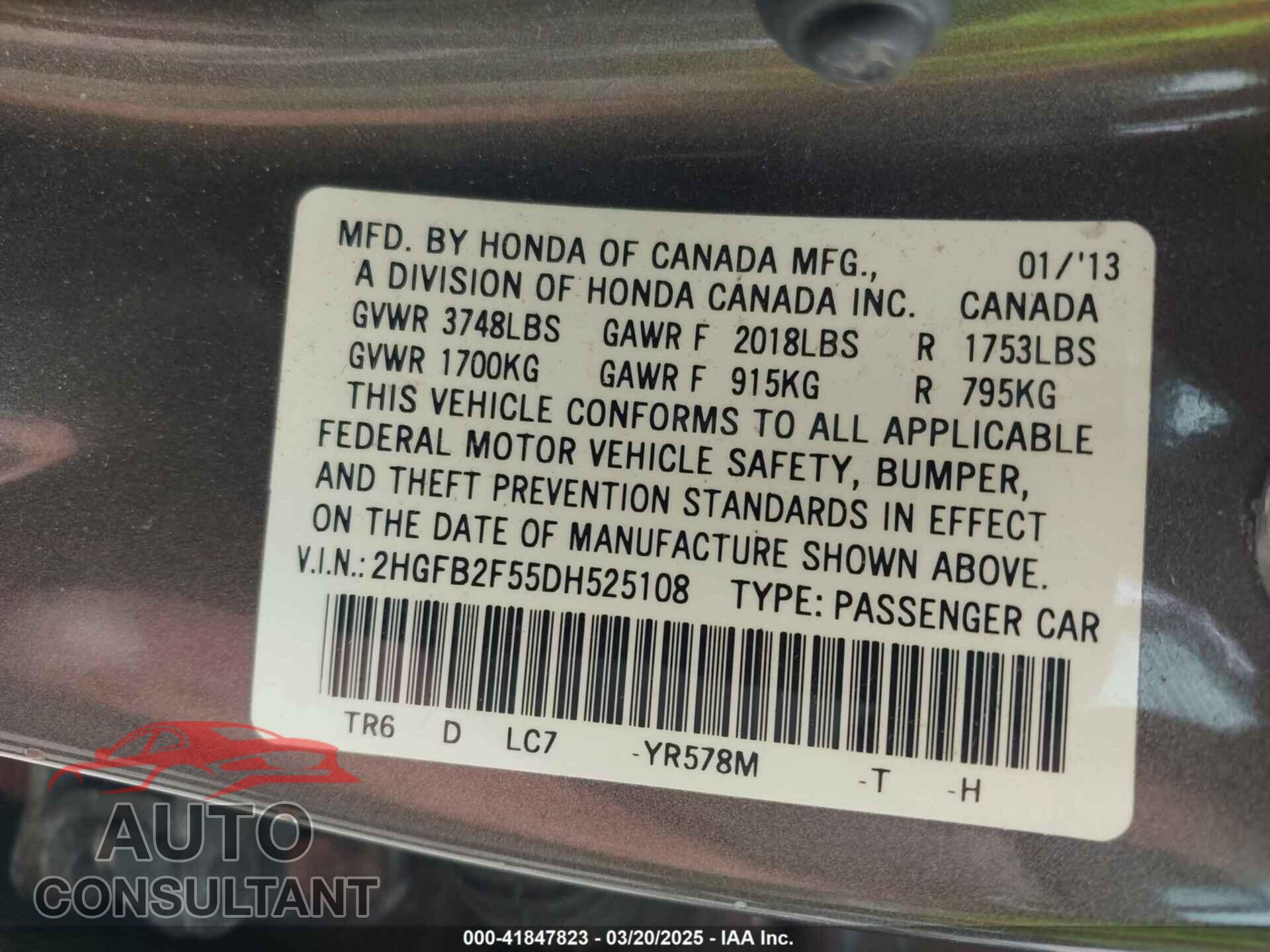 HONDA CIVIC 2013 - 2HGFB2F55DH525108