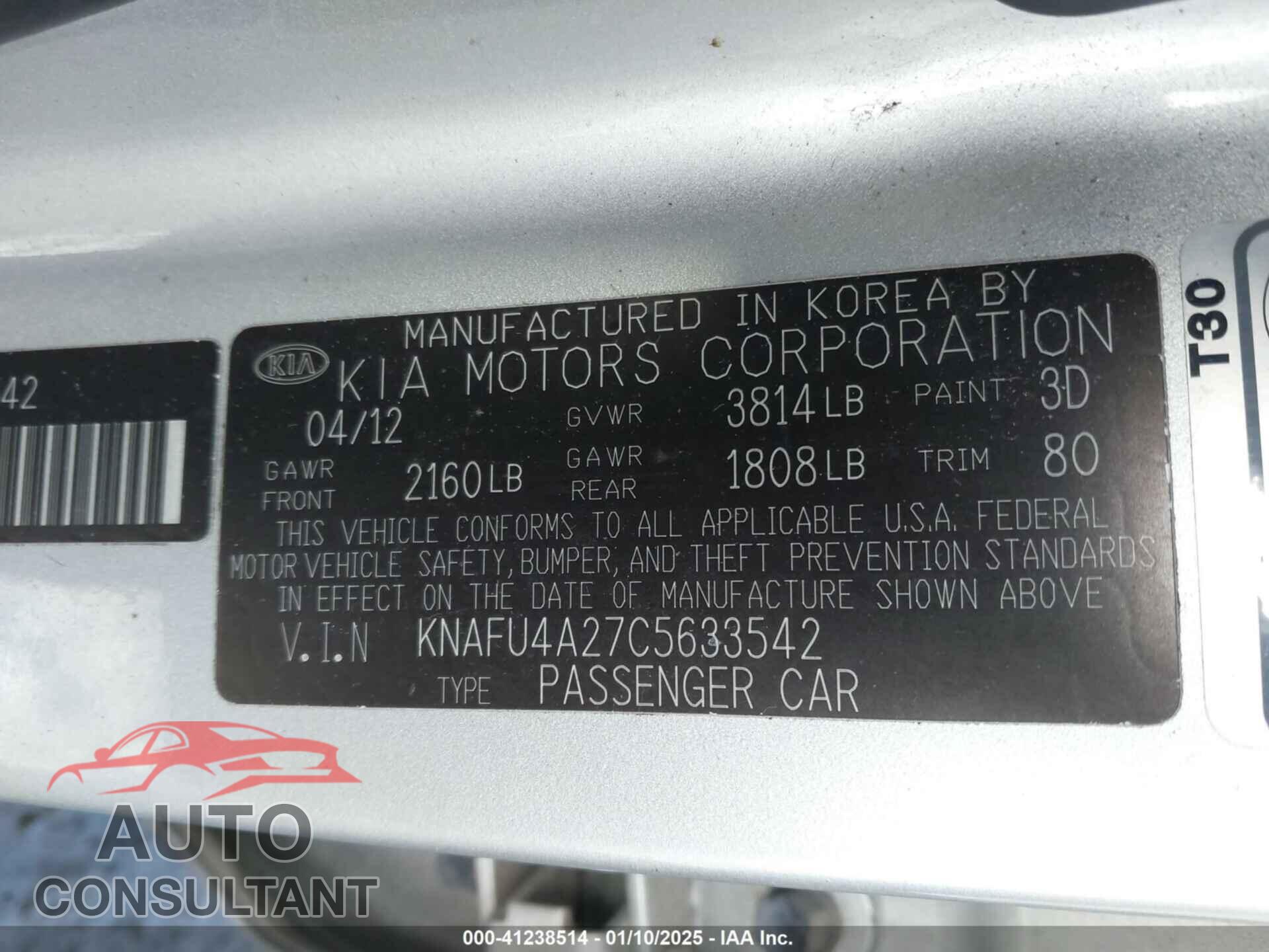 KIA FORTE 2012 - KNAFU4A27C5633542