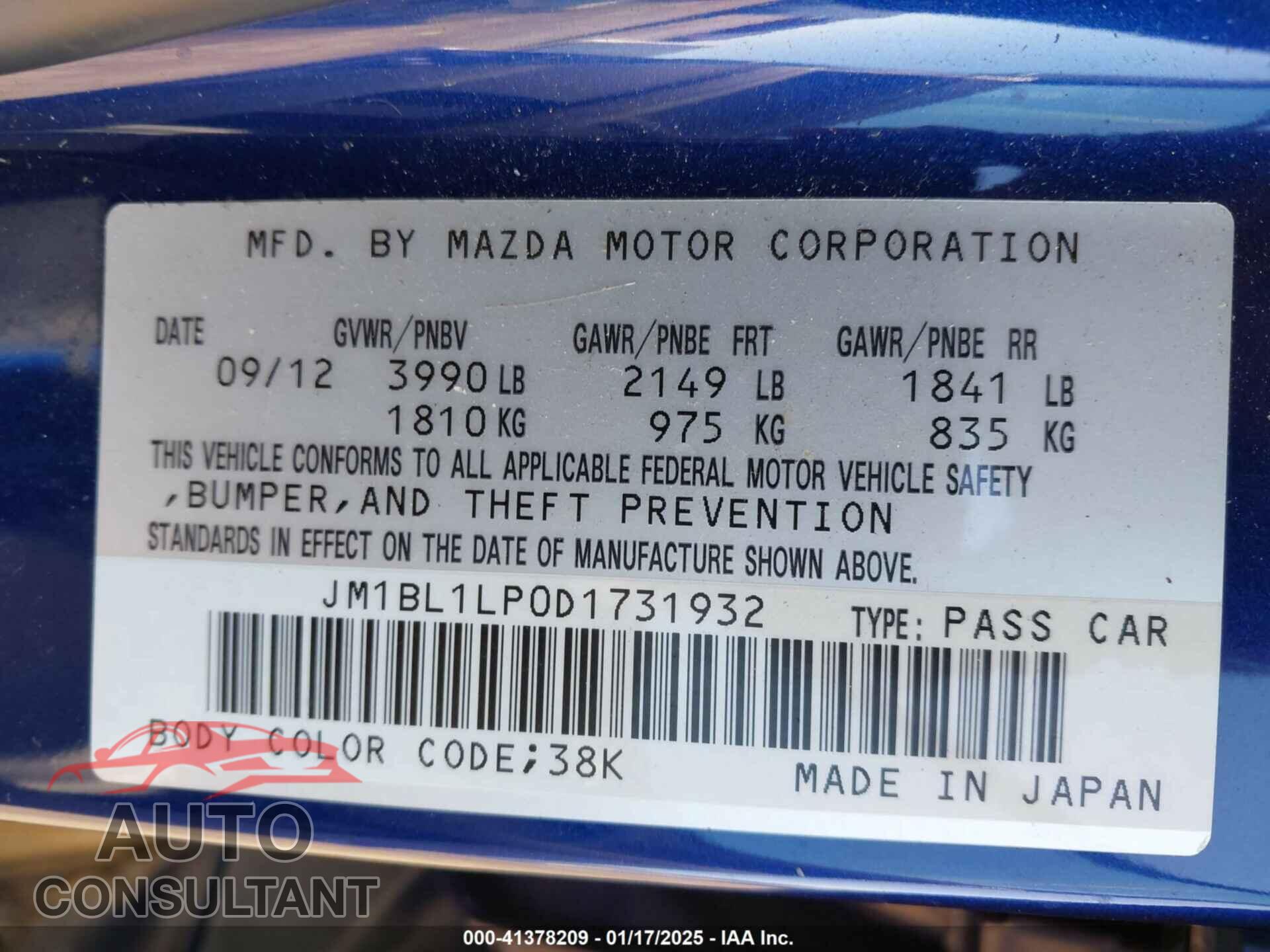 MAZDA MAZDA3 2013 - JM1BL1LP0D1731932
