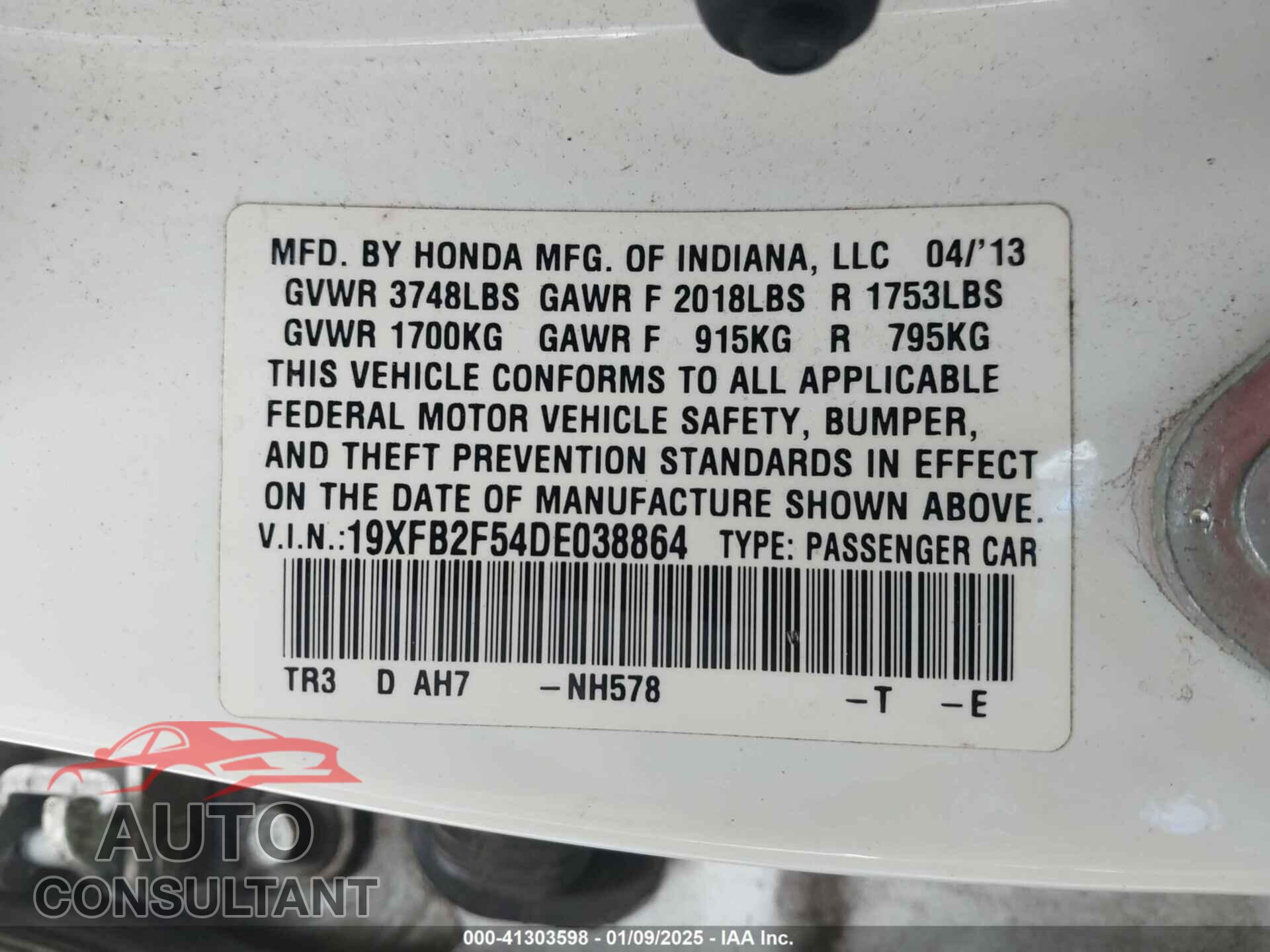 HONDA CIVIC 2013 - 19XFB2F54DE038864