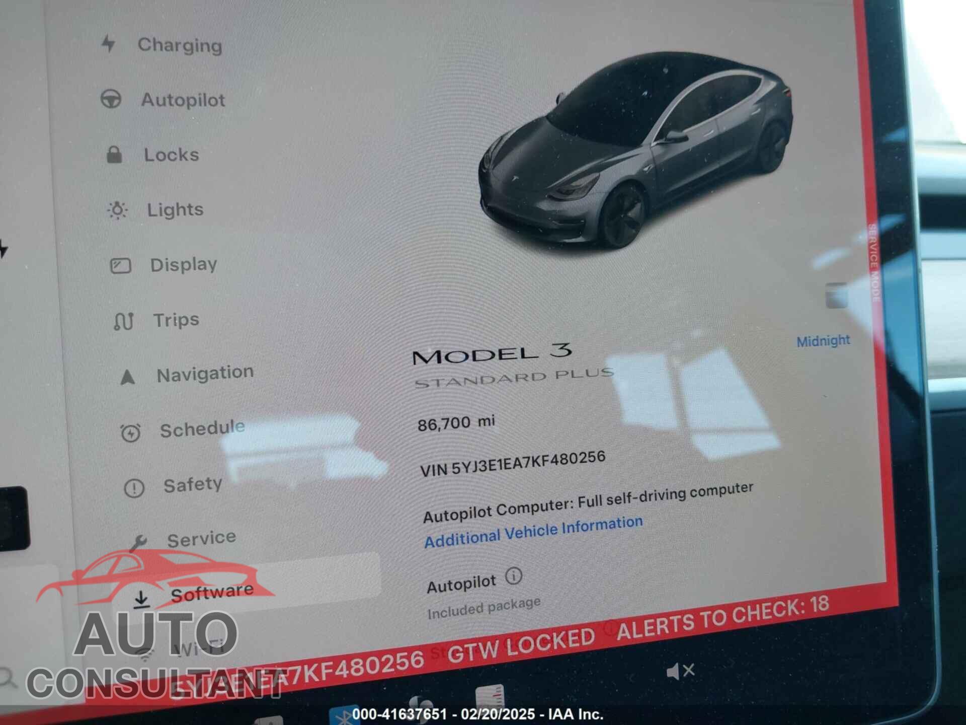 TESLA MODEL 3 2019 - 5YJ3E1EA7KF480256