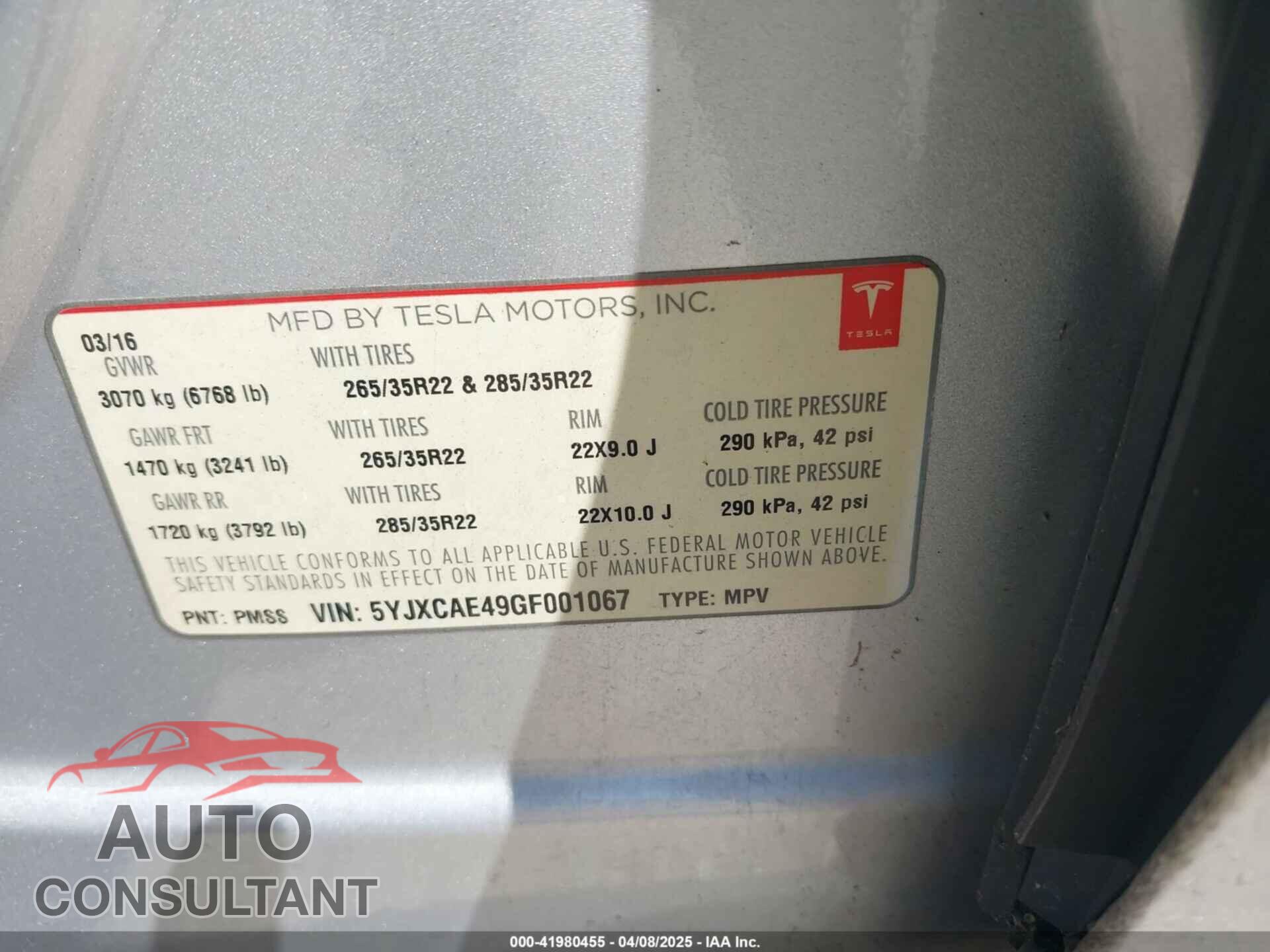 TESLA MODEL X 2016 - 5YJXCAE49GF001067