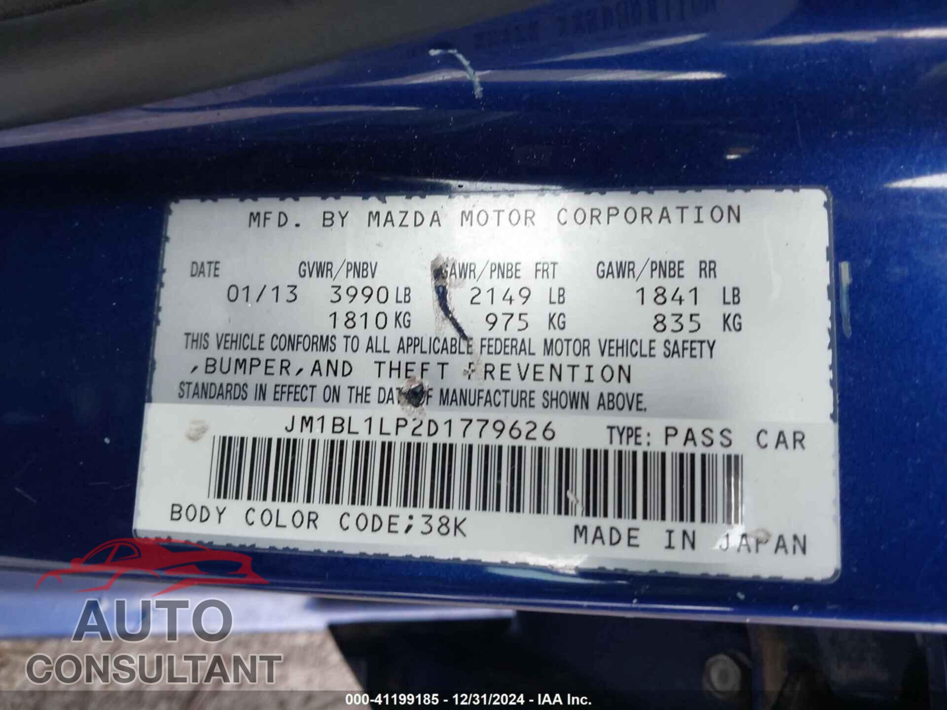 MAZDA MAZDA3 2013 - JM1BL1LP2D1779626
