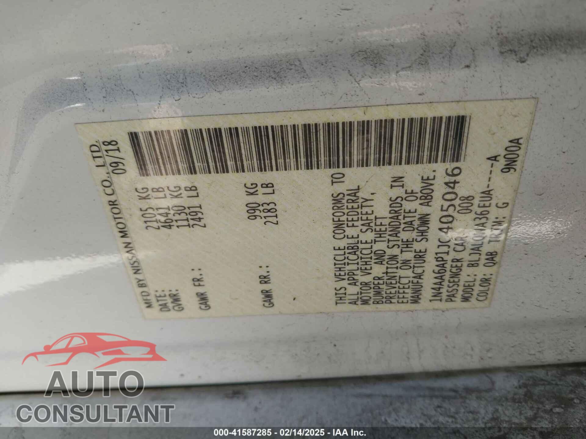 NISSAN MAXIMA 2018 - 1N4AA6AP1JC405046
