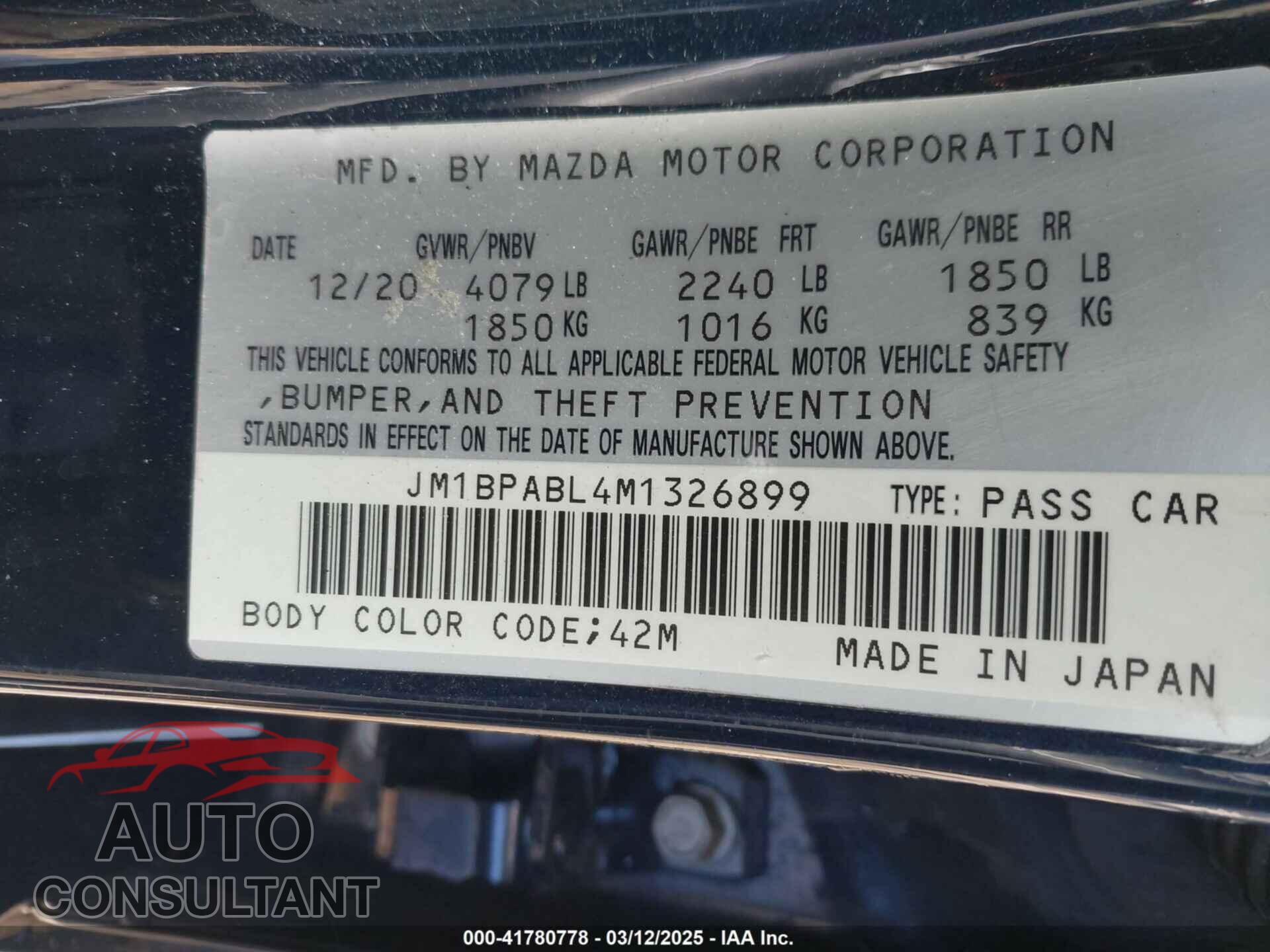 MAZDA MAZDA3 2021 - JM1BPABL4M1326899