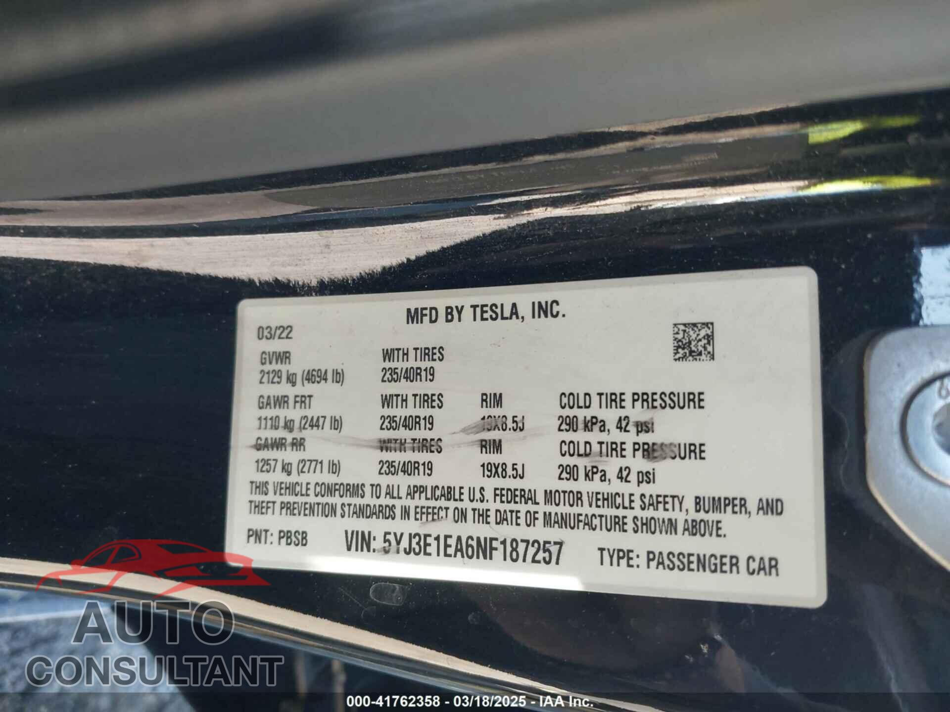 TESLA MODEL 3 2022 - 5YJ3E1EA6NF187257