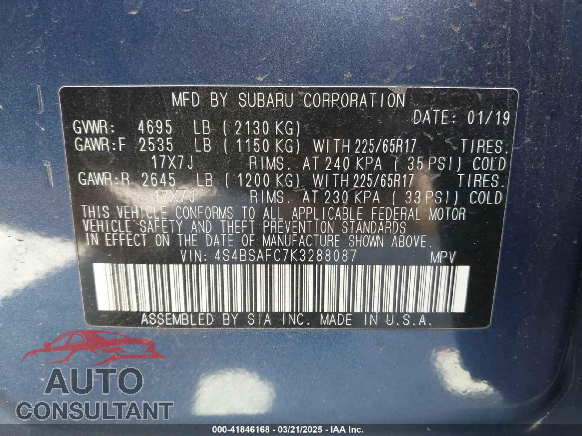 SUBARU OUTBACK 2019 - 4S4BSAFC7K3288087