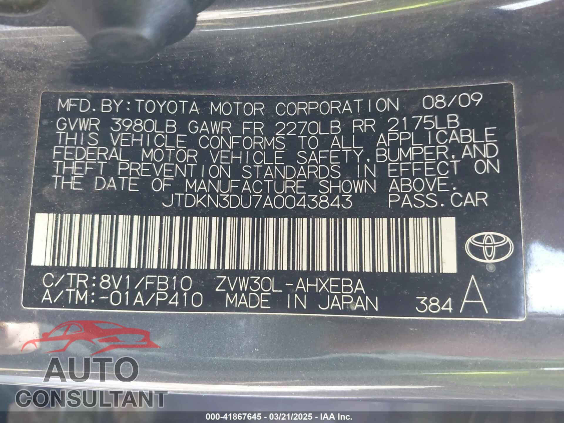 TOYOTA PRIUS 2010 - JTDKN3DU7A0043843
